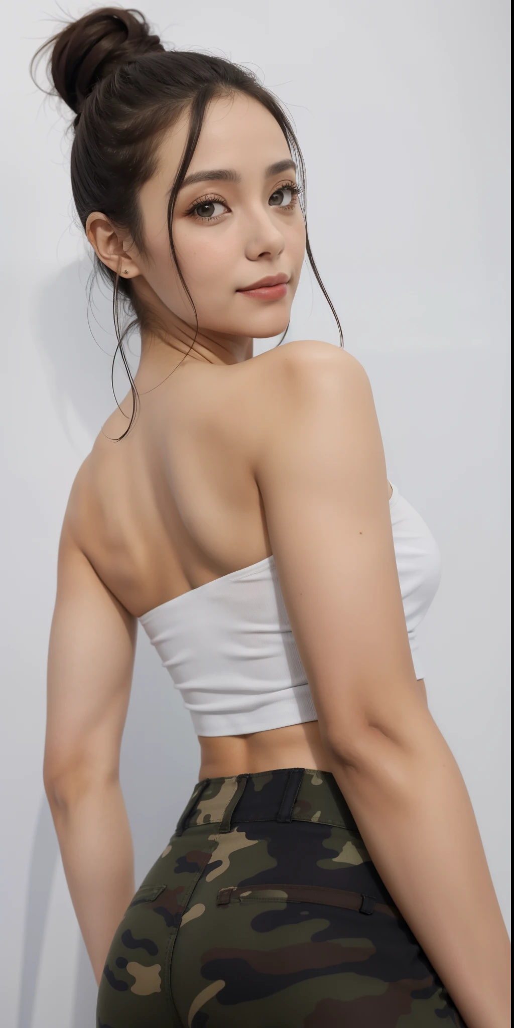 a close up of a Brazilian woman in a white top and camouflage pants, showing her shoulder from behind, dilraba dilmurat, pose de costas, ajuste figura delicada, peito empinado, from behind, vista traseira, pose lateral, cottagecore!! corpo fitness, foto de modelo de garota magra, vista traseira, ombros podem ser vistos, vista lateral