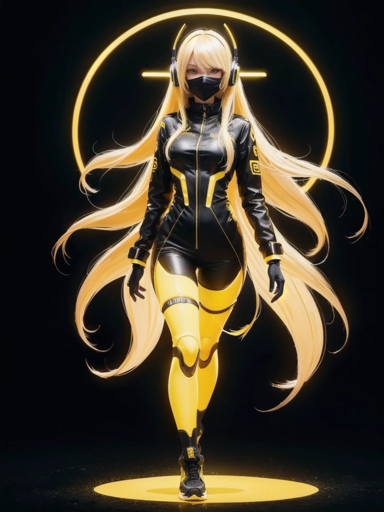 (((full body photo))) girl with long yellow hair, yellow eyes, futuristic vibes, mask on mouth, headphones, 8k, high quality, simple background, glowing eyes, nice pose