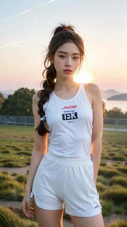 A girl named Amy, Braids, subjective perspective, Backlight Flare, f/1.4, 85mm, Leica, UHD, retina, masterpiece, ccurate, anatomically correct, textured skin, super detail, high details, high quality, best quality, highres, 1080P, HD, 4K, 8k, Sportswear