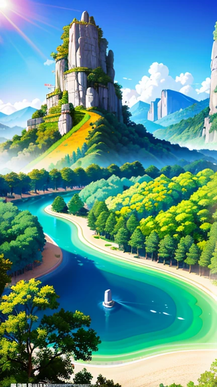 Chinese scenery, Mountain, river, Xiangyun, Sunlight, masterpiece, Super details, epic work, ultra high definition, high quality, Very detailed, official art, unified 8k wallpaper, Super details, 32k -- v 6