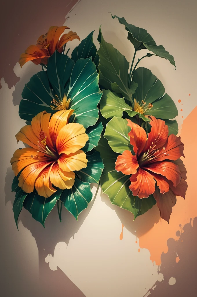 there are two orange flowers on a branch with green leaves, on a gray background, blooming tropical flowers, beautiful tropical flowers, hibiscus flowers, flower, large exotic flowers, hibiscus, tropical flowers, tropic plants and flowers, red blooming flowers, flowers and foliage, tropical flower plants, with colored flowers, photorealistic illustration, decorative flowers, beautiful flower, vibrant red hibiscus
