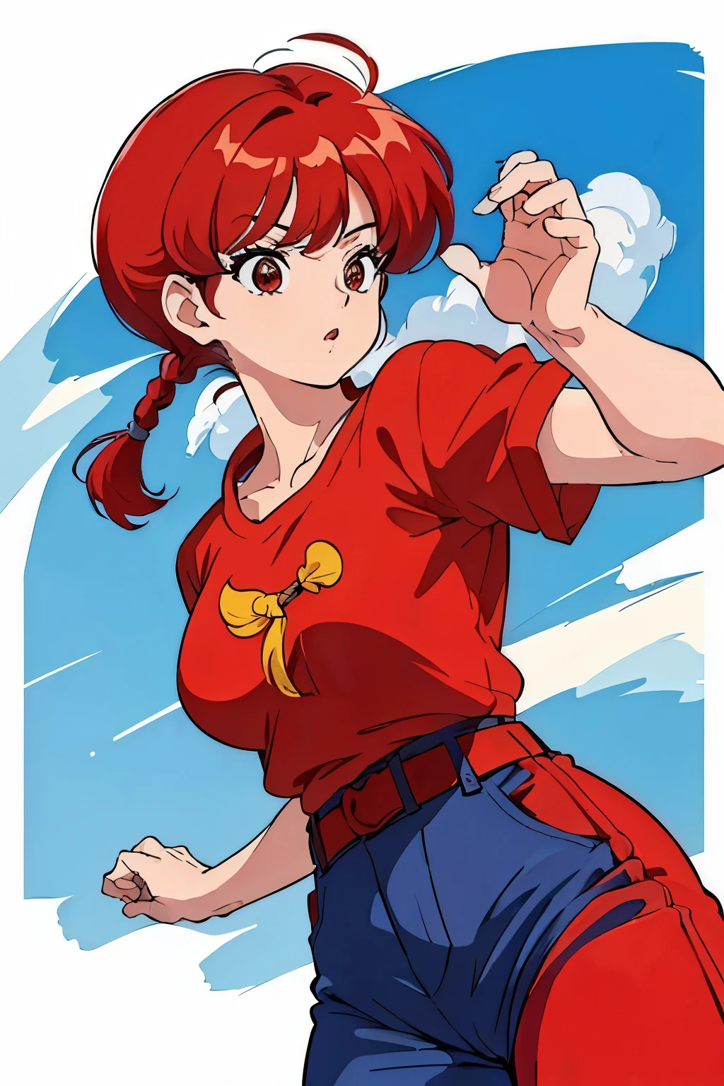 (8k, Foto RAW, La mejor calidad, Obra maestra:1.2), Ranma Chan, Ranma Red Shirt, red hair, braided belt, blue pants, martial art
