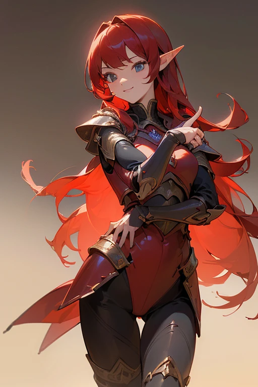 (masterpiece, highest quality:1.2)、 beautiful delicate shine、in detail、High resolution、anatomically correct、correct arm、correct leg、((correct move))、((correct finger))、((Standing picture:1.2))、((No background:2))、((bordered in black))、elf long red hair girl、Thin sword、red light armor、A mischievous smile、