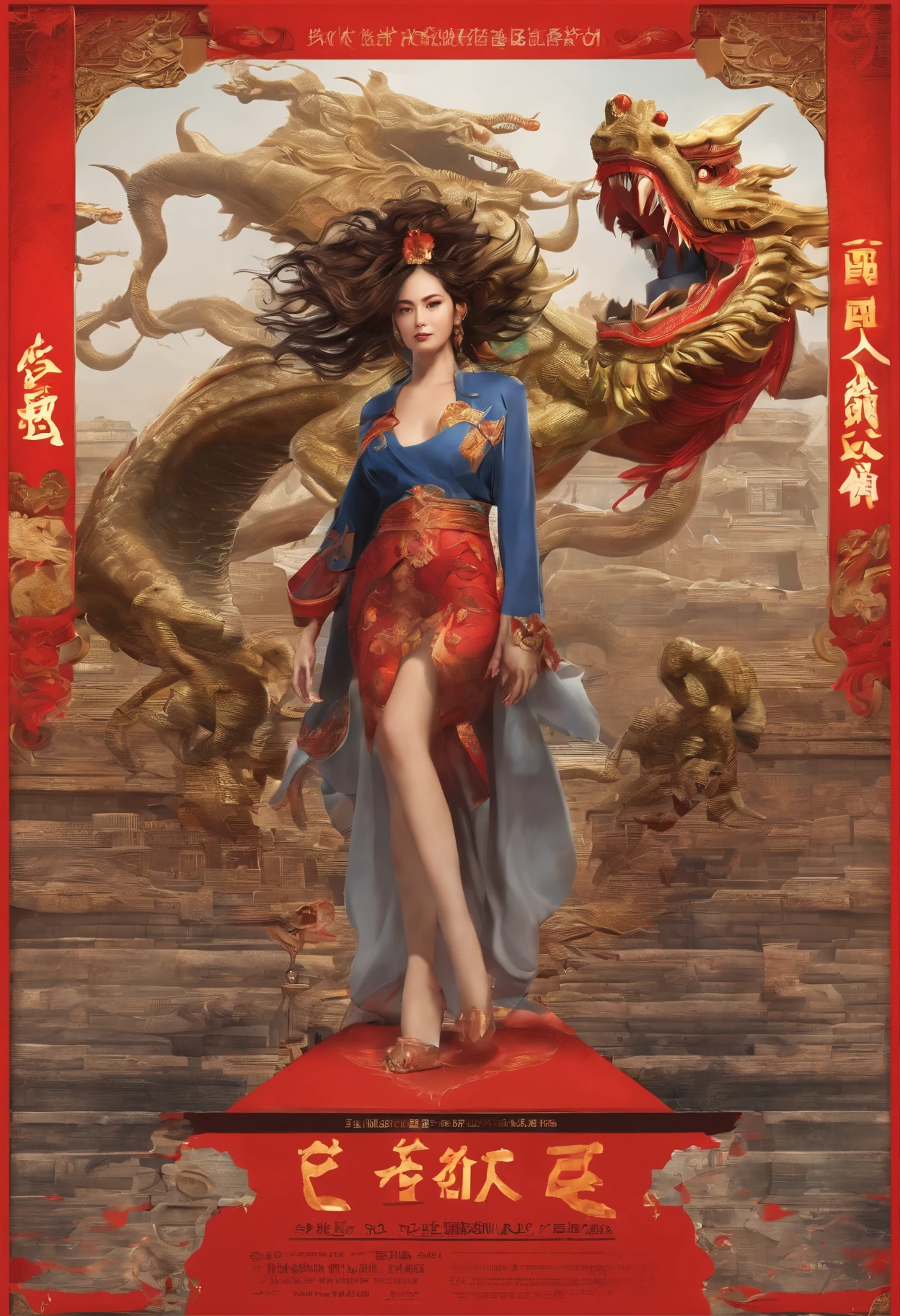 masterpiece, best quality, 8k, human development report, (from head to foot:1.4), A young woman stands proudly in front of a dragon,Sexy body and face, The mighty dragon,red,Lighting from interior fixtures and sunset from outside the frame, 逼真的red灯光, Dynamic colors of light, hyper-realistic