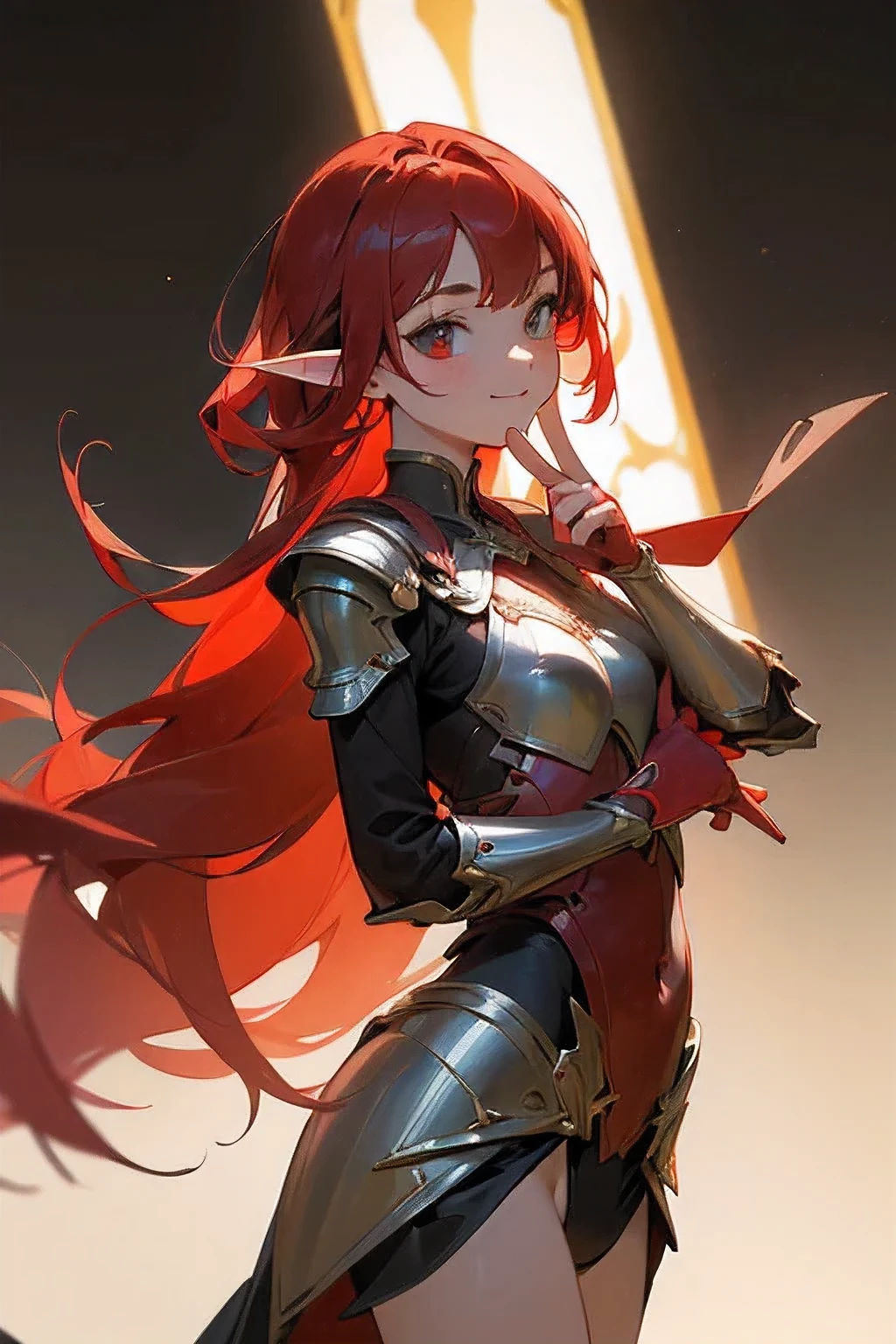 (masterpiece, highest quality:1.2)、 Beautiful delicate shine、In detail、High resolution、anatomically correct、correct arm、correct leg、((correct movement))、((correct finger))、((Standing picture:1.2))、((no background:2))、((bordered in black))、elf long red hair girl、Thin sword、red light armor、mischievous smile、