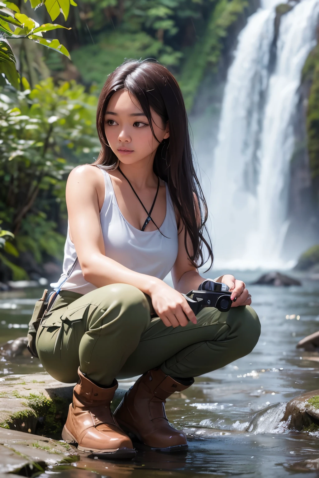 Create exaggeratedly realistic photos of a Thai woman with long brown hair wearing a white tank top immersed in river water, backpacking, blue tactical pants, boots, headphome around the neck, holding a digital camera, waterfall background, rainy weather, top angle, front view, wet shirt effect, 3D image, 18K contrast.