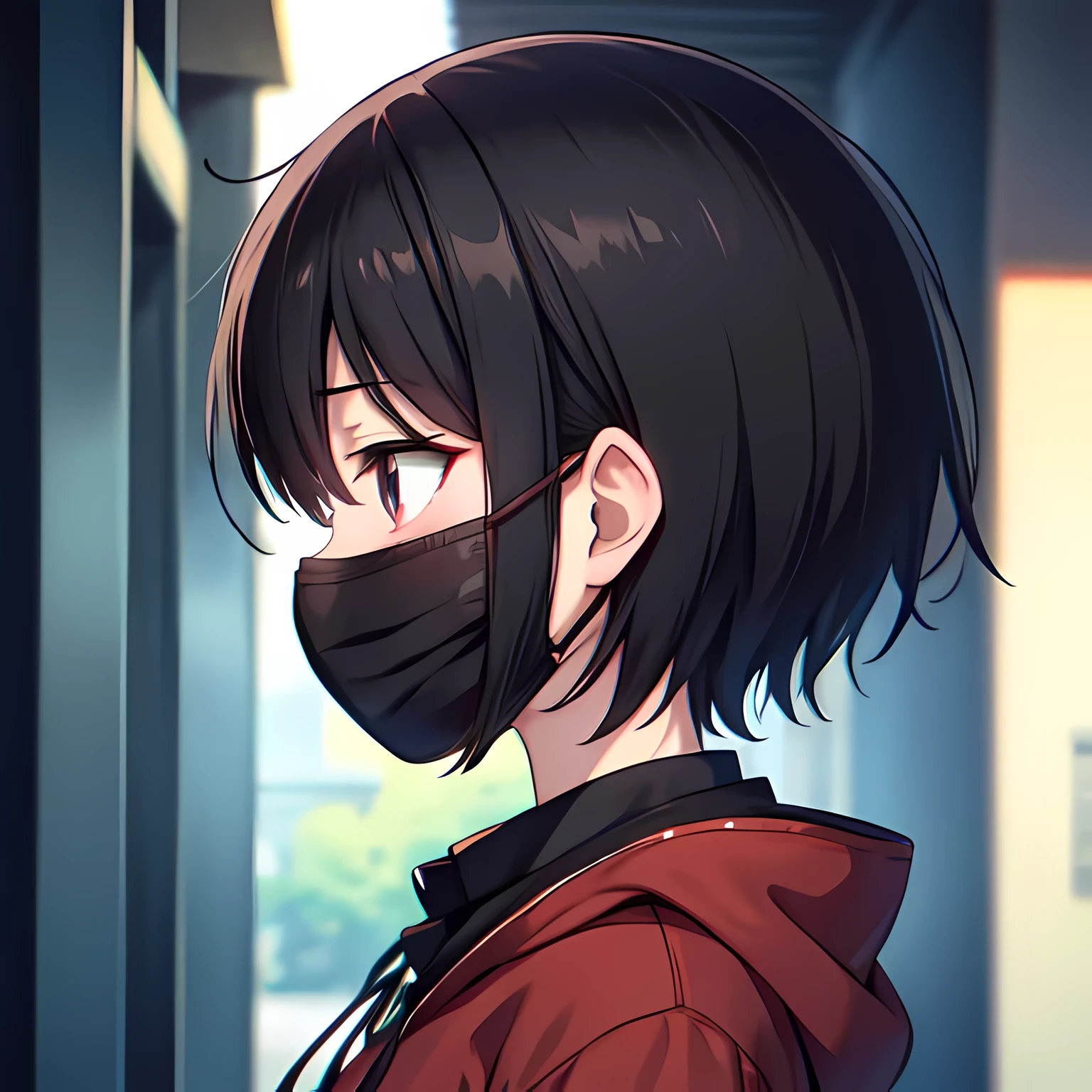 Anime girl, short black hair, tomboy, wearing a mask, anonymous, profile pic, pfp