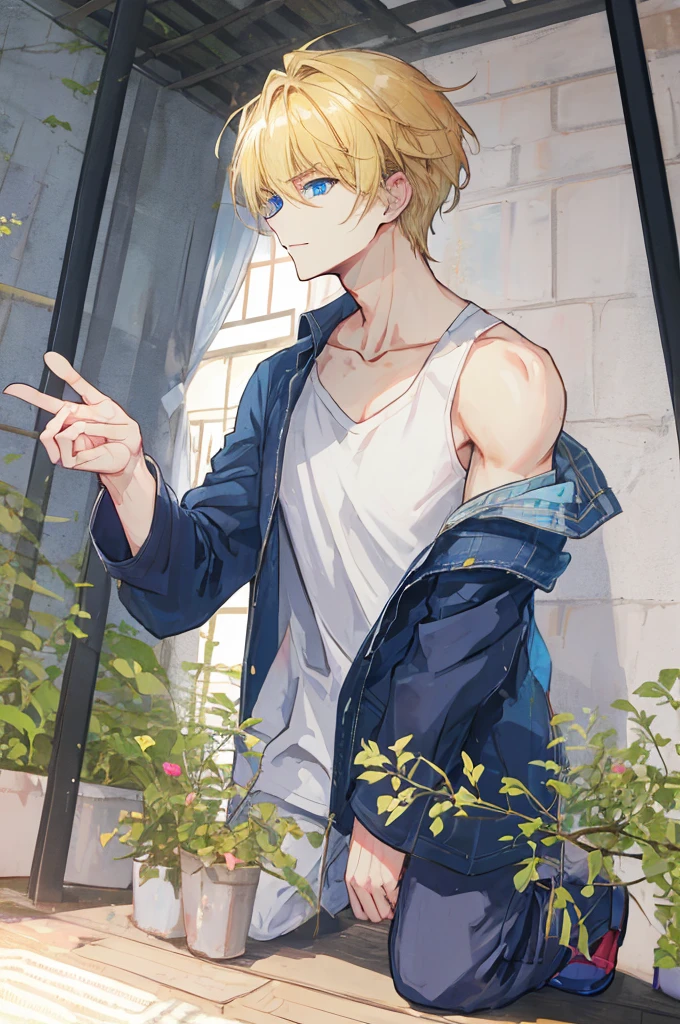 a handsome man,adult,blond,blue eyes,clavicle,Loose top,casual gesture,Charming,full-body shot,