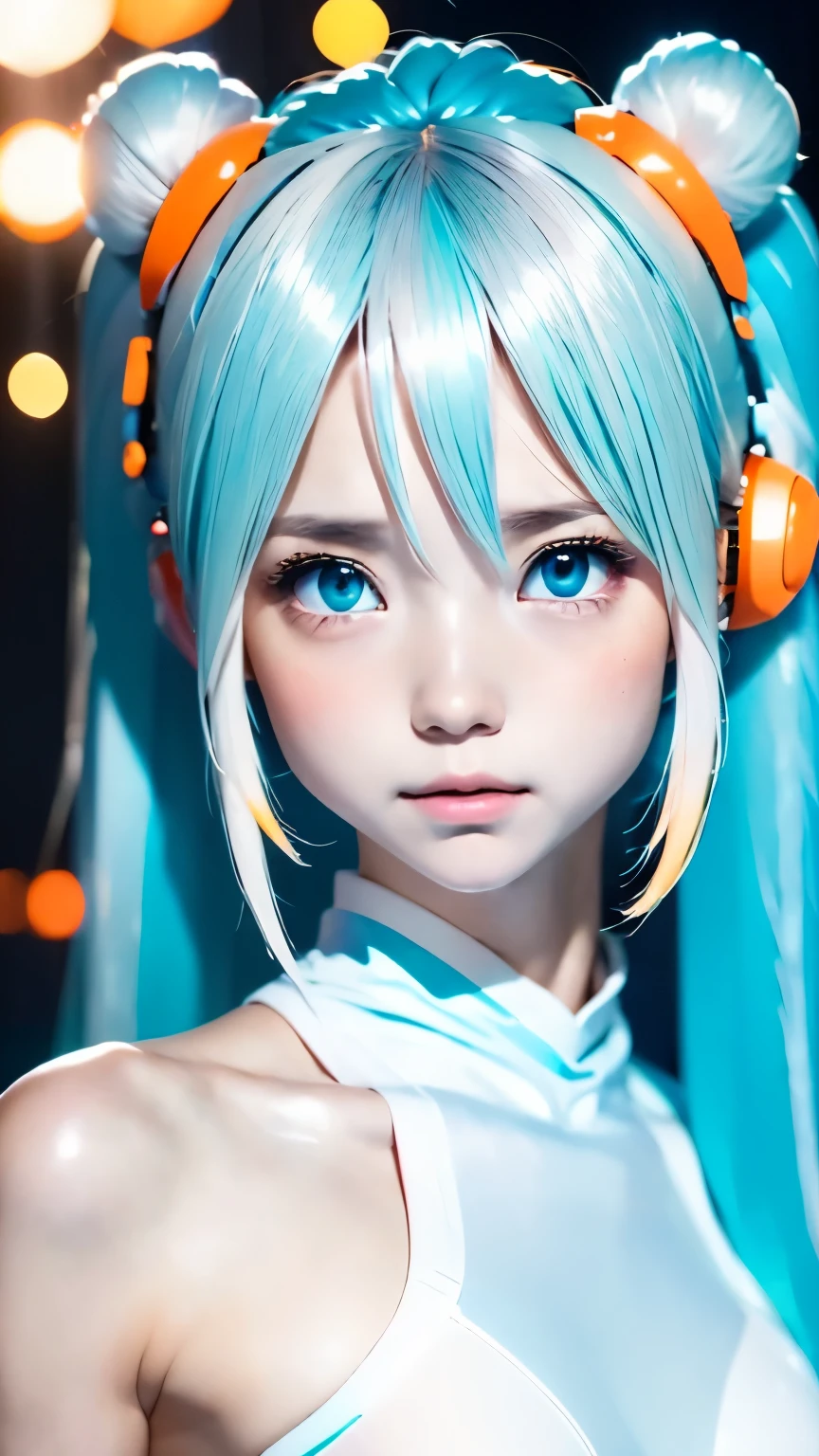one girl、hatsune miku cosplay、anatomy、Correct depiction of the human body、Upper body angle、、１４talent、beautiful white skin、cute face、small nose、plump lips、small orange eyes、Carefully drawn face、highly detailed skin、natural skin texture、your fingers are clean and delicate.、small breasts、small breasts、An ennui look、detailed face、dirty hair、Are standing、Random attire、Random colored shirts、Completely blurred background、