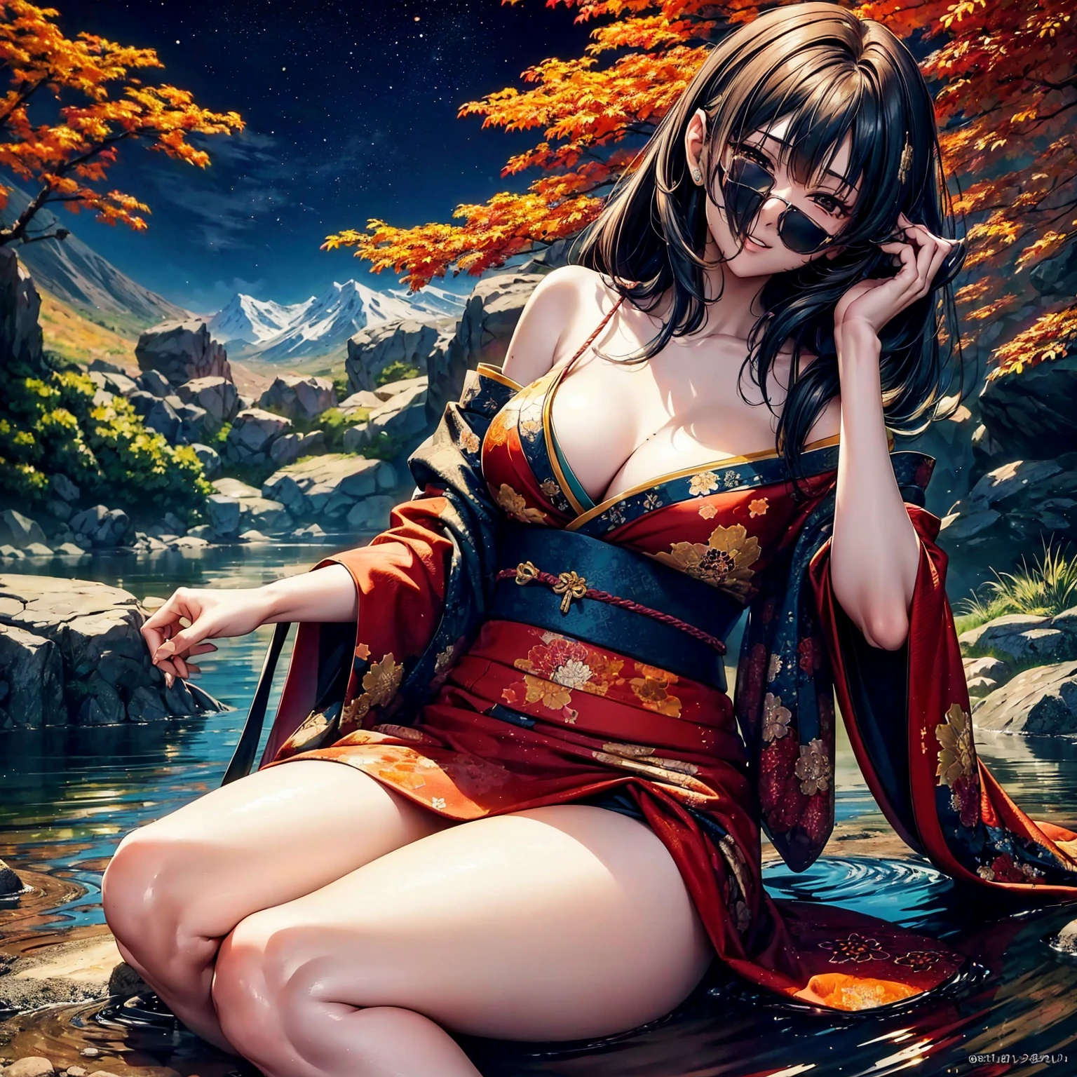 (((highest quality、masterpiece、very high resolution、highly detailed images、detailed details)))、(A woman of perfect and ultimate beauty:18-year-old, beautiful body、beautiful face、beautiful hair,bright smile)、(Slender and beautiful body, best skin and hair texture)、(((japanese kimono:Beautiful, floral and colorful,shoulders are exposed,I can see my thighs))),((Mt. Momiji:Beautiful autumn leaves,mysterious night sky,natural light,beautiful scenery,beautiful scenery,Beautiful colors)),(water play,beautiful pose,model shoot,Hair flutters under the influence of the wind),bijinga,realistic portrait,Overall image、accurate image、accurate anatomy、Image without defects,(best shot,RAW photo:1.2)