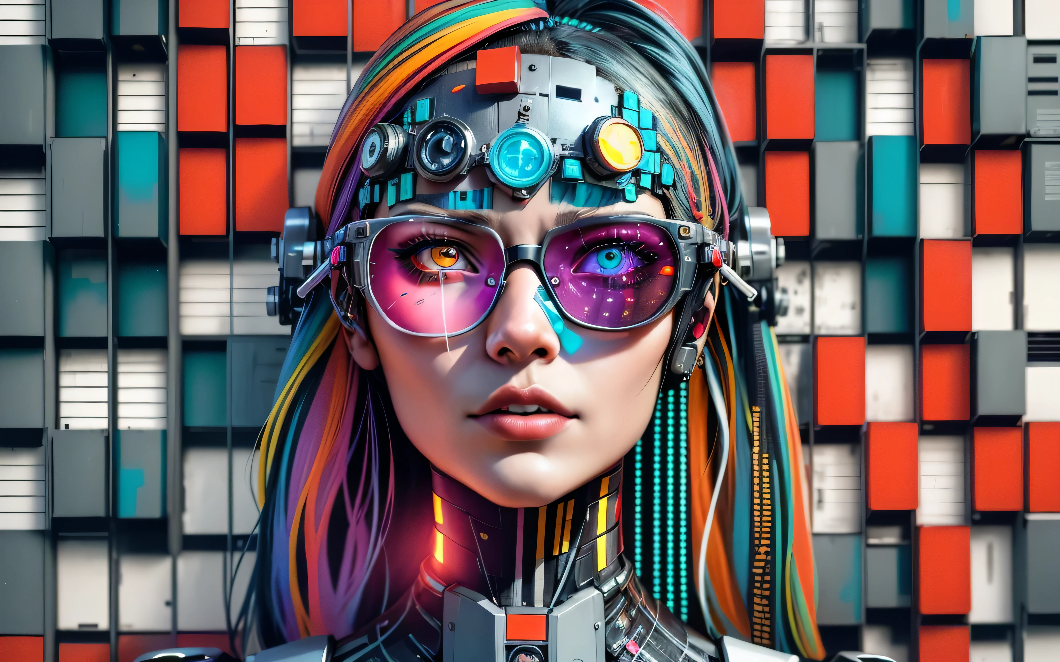 a close up of a woman with a colorful headpiece and glasses, cyborg - girl, cyborg girl, cyborg woman, beautiful cyberpunk girl face, portrait of a cyborg, robot girl, cyberpunk face, cyberpunk woman, advanced digital cyberpunk art, the cyberpunk girl portrait, cyberpunk mona lisa, intricate transhuman, portrait of a futuristic robot, a teen cyberpunk cyborg