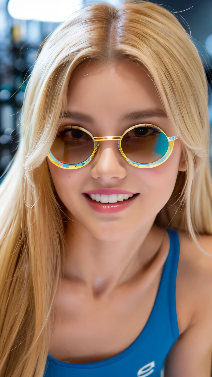 (best quality, ultra-high resolution, real, photorealistic:1.4, 8K), BREAK, a American girl, (full body:1.4), BREAK, detailed hair, long blonde hair, (colorful hair:1.2), hyper-detailed face, hyper-detailed skin, white skin, brown eyes, blushing cheeks, detailed red lips, drunk, BREAK, smile, BREAK, detailed clothings, (muscular body, gym wear:1.3, sunglasses:1.1), BREAK, (in the fitness gym:1.2)
