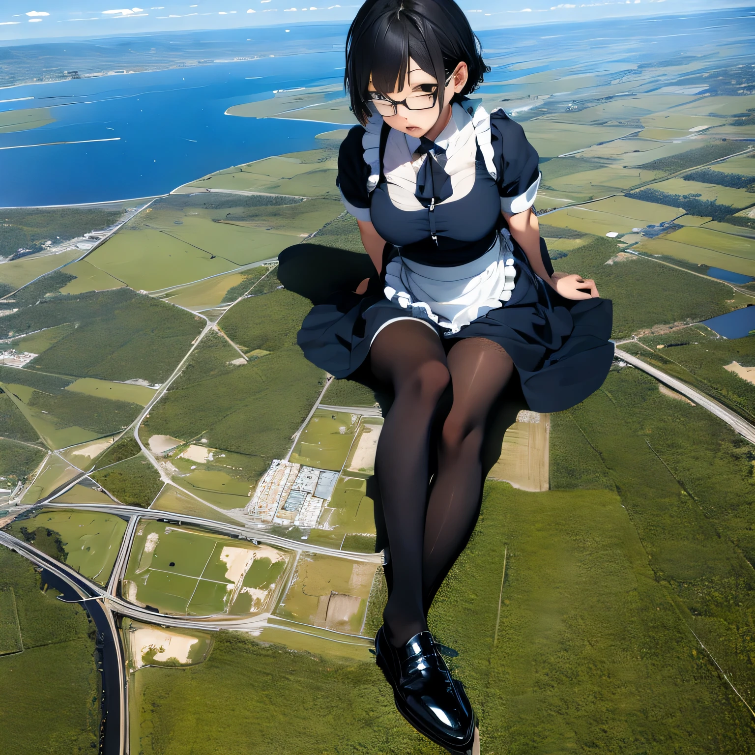 multiple girls, Giantの芸術, 非常に詳細なGiantショット, Giant, short hair, A maid that is much bigger than a skyscraper, wearing rimless glasses, big breasts, big ass, navy maid uniform, black pantyhose, black shoes, very small metropolis, miniature metropolis, crush the big city, A city engulfed in flames, full body description, GTS, ギガGiant, Stomping City, crash city, Small town, micro city, maid,
