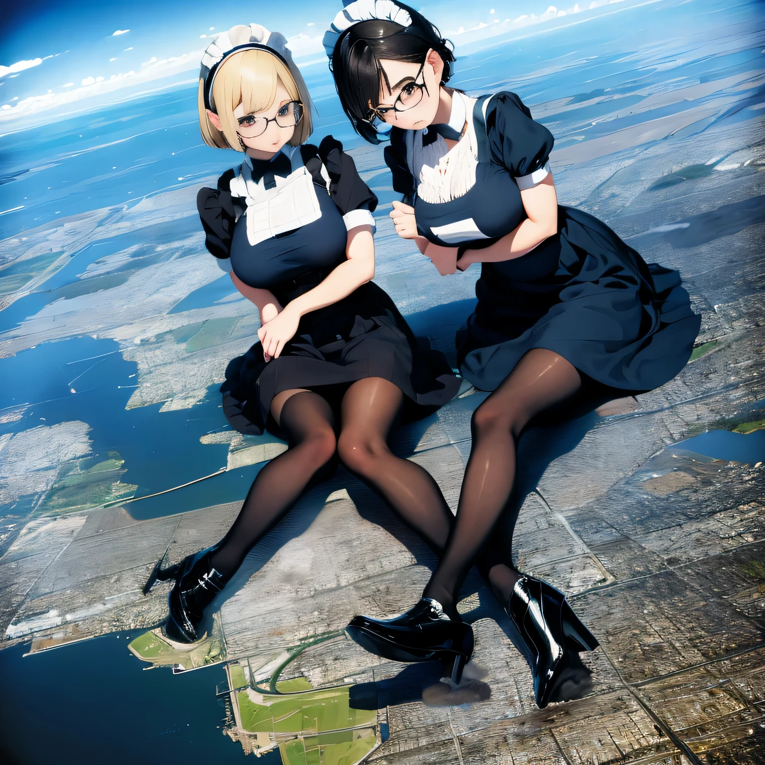 multiple girls, Giantの芸術, 非常に詳細なGiantショット, Giant, short hair, A maid that is much bigger than a skyscraper, wearing rimless glasses, big breasts, big ass, navy maid uniform, black pantyhose, black shoes, very small metropolis, miniature metropolis, crush the big city, A city engulfed in flames, full body description, ＧＴＳ, ギガGiant, Stomping City, crash city, Small town, micro city, maid, 