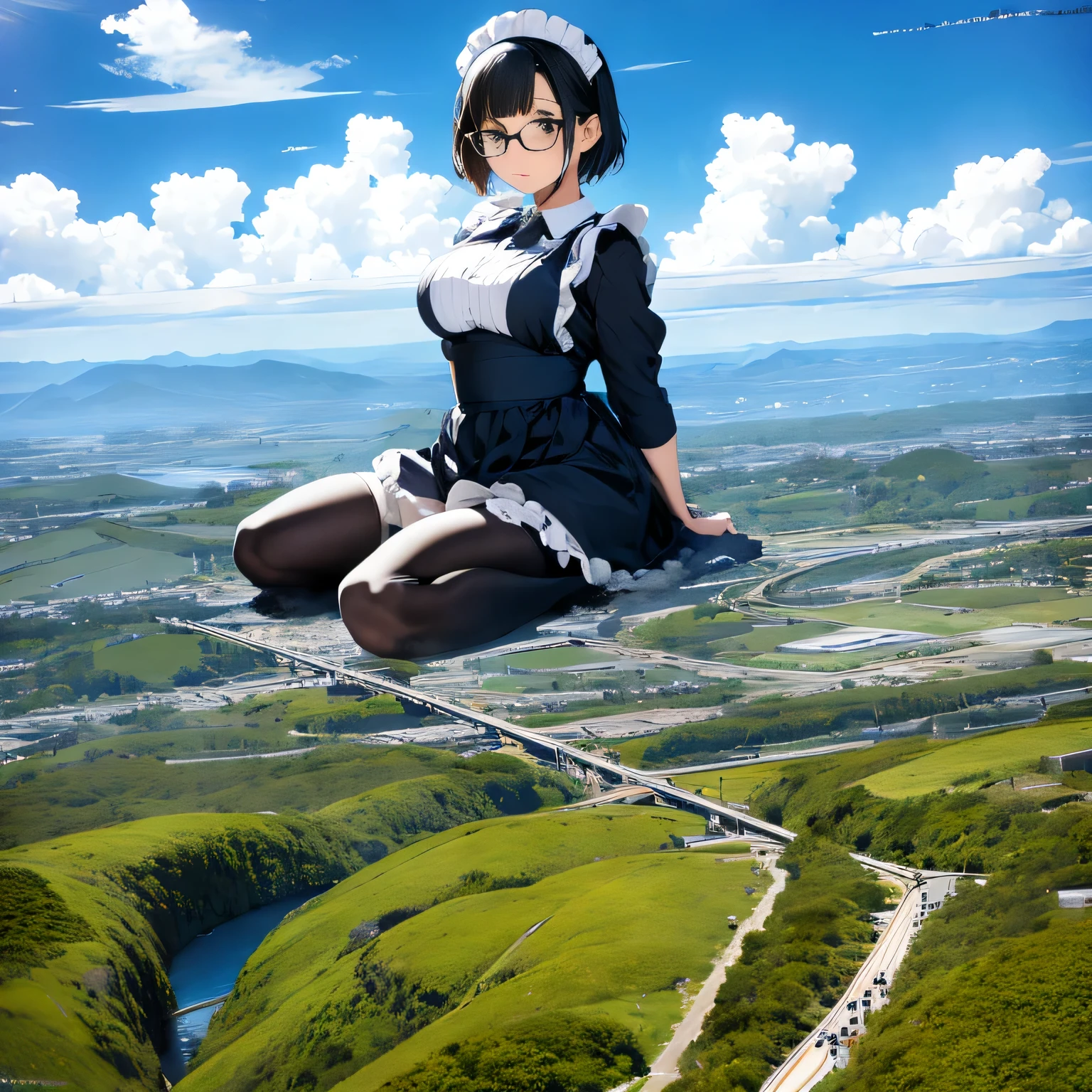 multiple girls, Giantの芸術, 非常に詳細なGiantショット, Giant, short hair, A maid that is much bigger than a skyscraper, wearing rimless glasses, big breasts, big ass, navy maid uniform, black pantyhose, black shoes, very small metropolis, miniature metropolis, crush the big city, A city engulfed in flames, full body description, ＧＴＳ, ギガGiant, Stomping City, crash city, Small town, micro city, maid, 