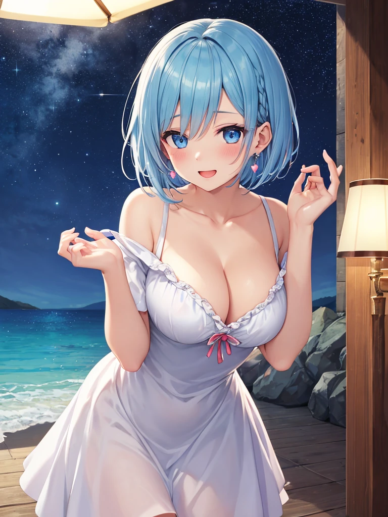(masterpiece:1.3), (highest quality:1.3), High resolution,
cowboy shot,
leaning forward, body facing forward,
(one cute girl),Rem,Re:zero,alone,
white skin, big breasts, eight-headed person,
light blue hair, (bob hair:1.2), (short hair:1.2), (dull bangs:1.2), beautiful hair, blue eyes, beautiful and fine eyes,
blush, open your mouth, heart, bright smile,
white dress, earrings,
outdoor, (night:1.2), Ocean, beach, Starry sky in beautiful detail,
Shadow Lighting,