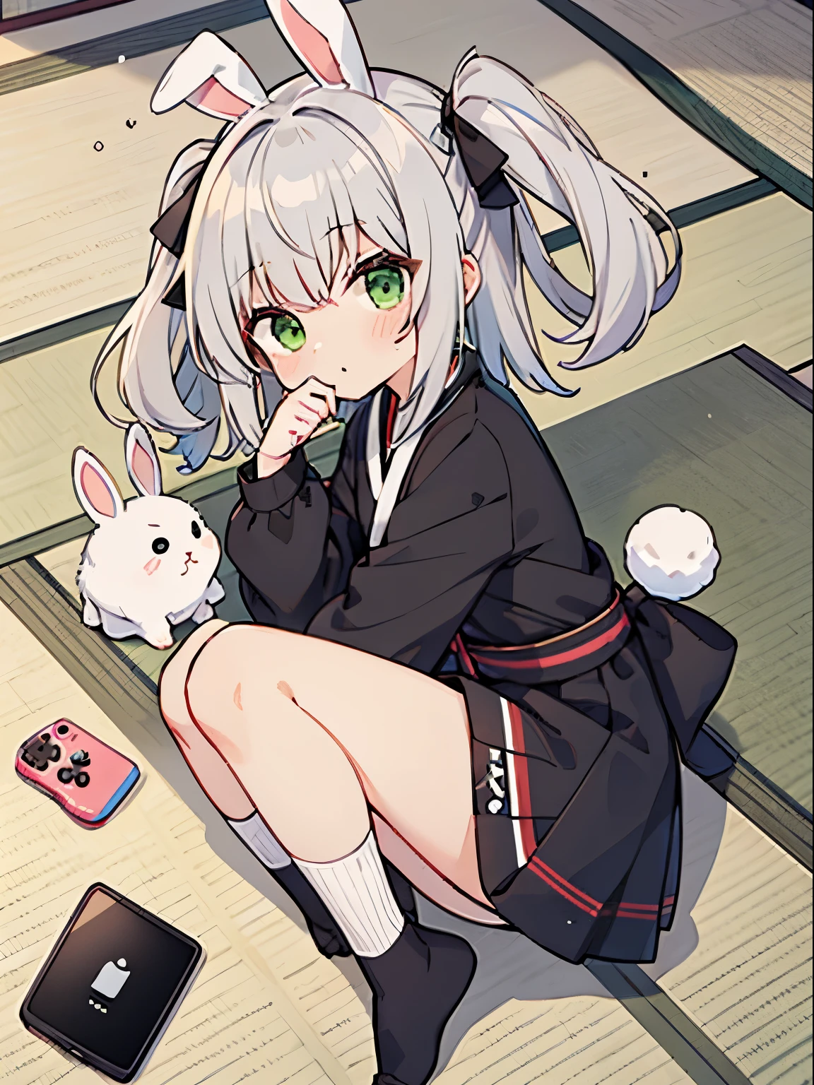 cute, tatami, Japanese style room, gray hair, green eyes, brown skin, rabbit ears, Black Jersey, two side up, portable game console, It&#39;s rolling around, Rabbit, Tsundere, たくさんのRabbit, Deformed, dynamic angle