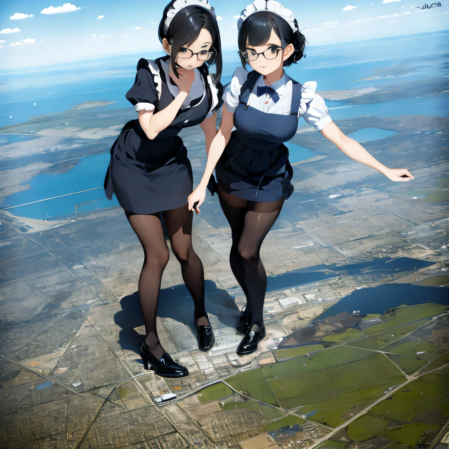 multiple girls, Giantの芸術, 非常に詳細なGiantショット, Giant, short hair, A maid that is much bigger than a skyscraper, wearing rimless glasses, big breasts, big ass, navy maid uniform, black pantyhose, black shoes, very small metropolis, miniature metropolis, crush the big city, A city engulfed in flames, full body description, GTS, ギガGiant, Stomping City, crash city, Small town, micro city, maid,