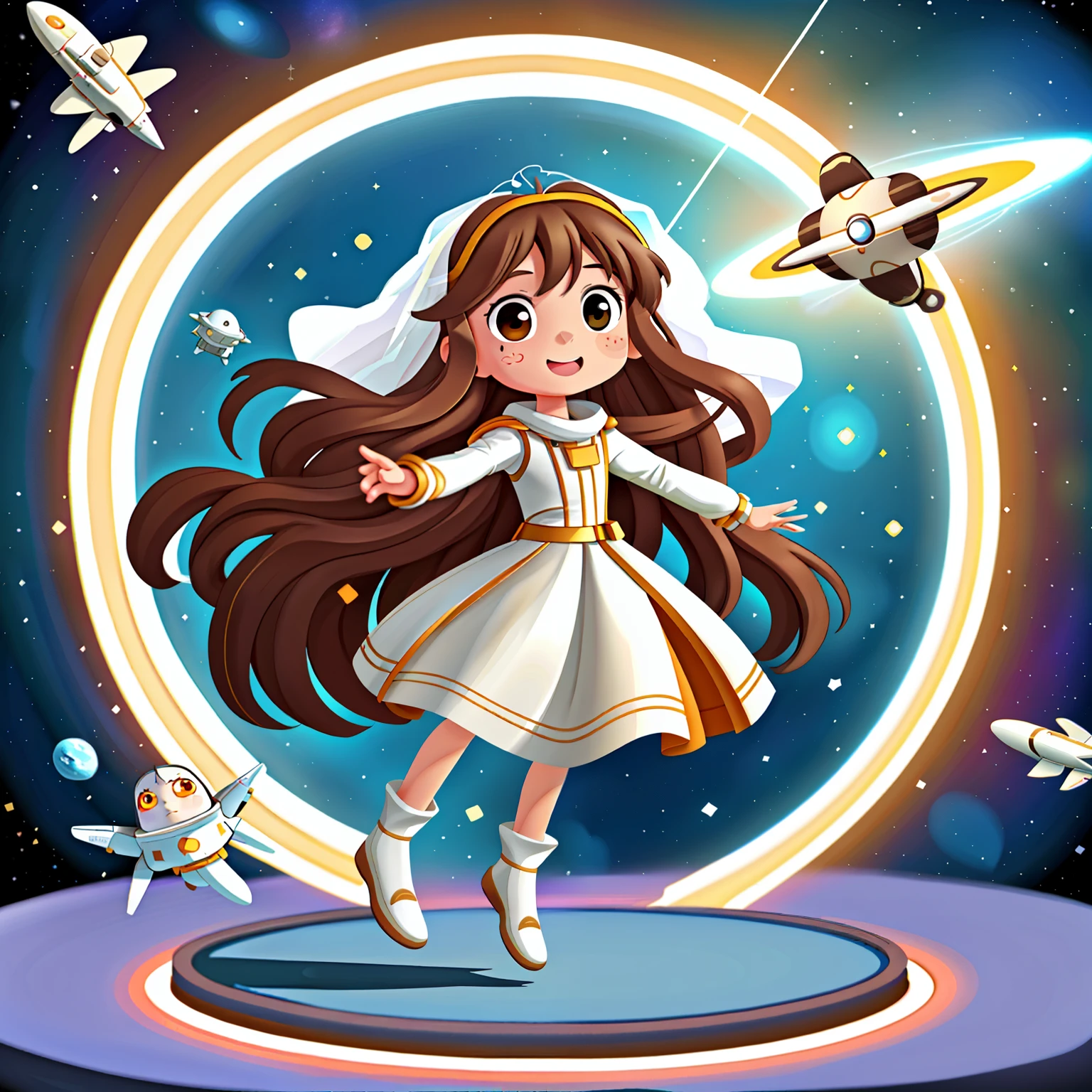 Girl with long brown hair,Put on a white wedding dress,bride,flying in space and time(In flight)(Time and space tunnel),(There is love)happy,Surrounded by love,Surrounded by love,O sign,vector,line art,design,inspiration,straight line,RHAD