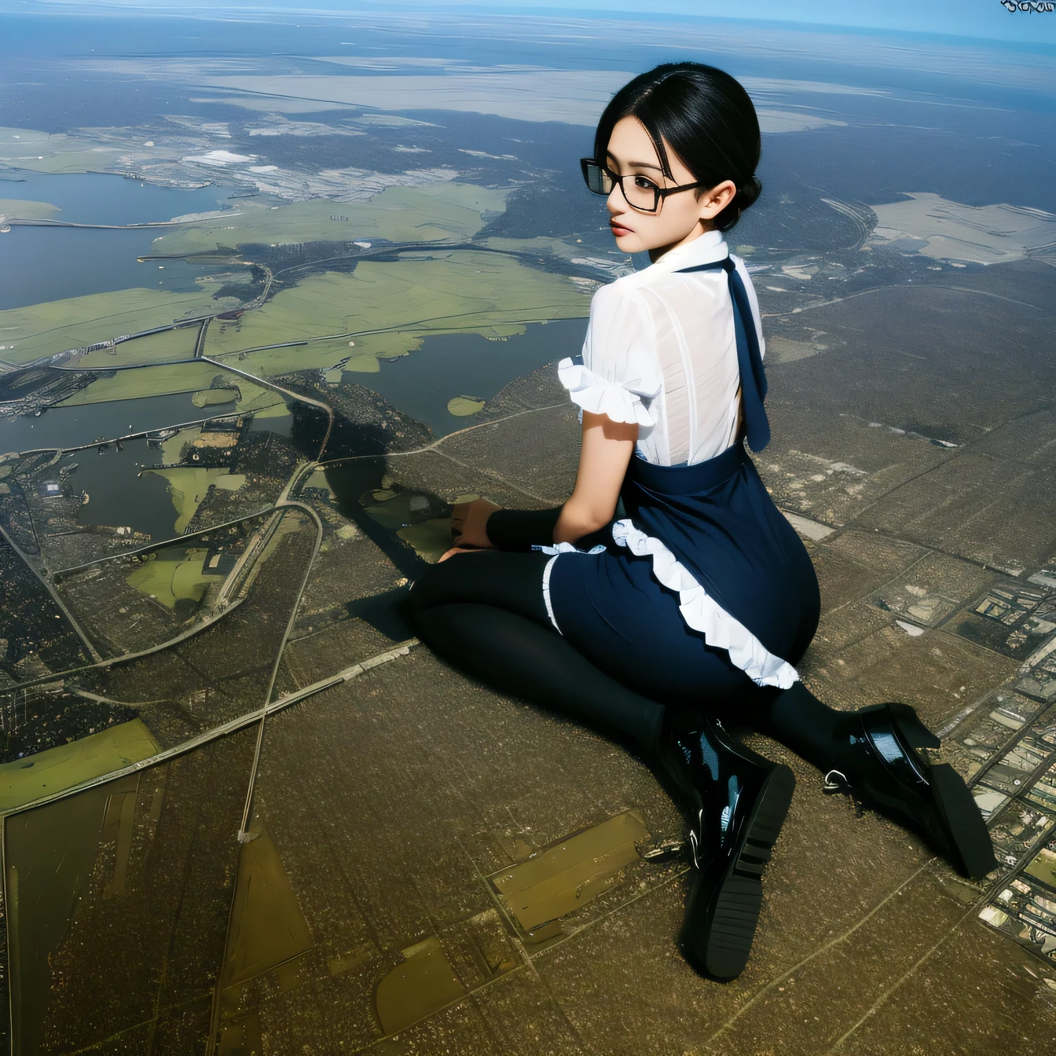multiple girls, Giantの芸術, 非常に詳細なGiantショット, Giant, short hair, A maid that is much bigger than a skyscraper, wearing rimless glasses, big breasts, big ass, navy maid uniform, black pantyhose, black shoes, very small metropolis, miniature metropolis, crush the big city, A city engulfed in flames, full body description, ＧＴＳ, ギガGiant, Stomping City, crash city, Small town, micro city, maid, 