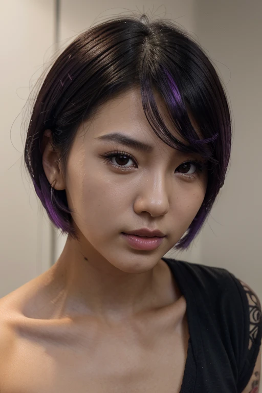 close-up of face, from profile and front angles, (RAW photo, highest quality), (realistic, photorealistic), Fei Liang Asian girl, Chinese, 25 years old, beautiful and highly detailed face, short haircut at the level of shoulders, punk style, loose hair, black hair with a purple streak