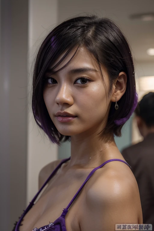 close-up of face, from profile and front angles, (RAW photo, highest quality), (realistic, photorealistic), Fei Liang Asian girl, Chinese, 25 years old, beautiful and highly detailed face, short haircut at the level of shoulders, punk style, loose hair, black hair with a purple streak
