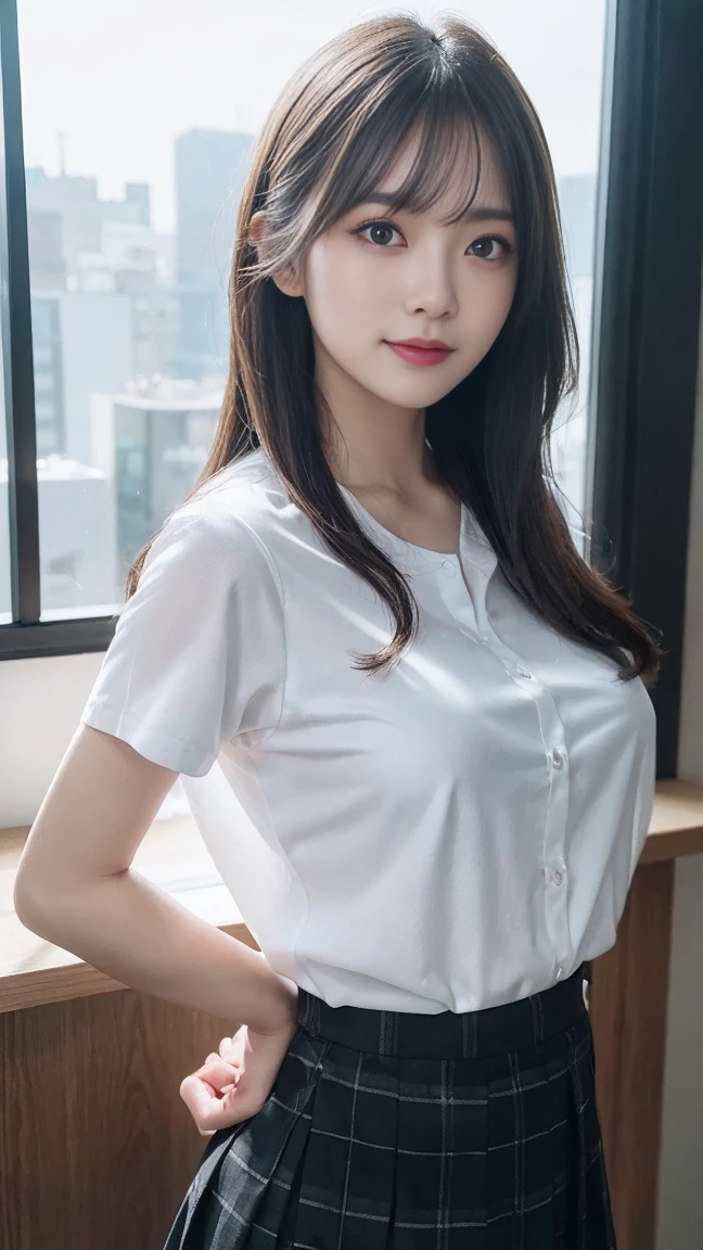 innocent 20 year old girl、((japanese office lady, sexy office shirt, skirt, Cute and elegant, dramatic pose)),smile,background at room,shortcut、RAW photo, (8K、highest quality、masterpiece:1.2)、(intricate details:1.4)、(Photoreal:1.4)、octane rendering、Ultra-detailed complex 3D renderings, soft light in the studio, rim light, vivid details, super detail, realistic skin texture, details face, beautiful detailed eyes, Highly detailed CG Unity 16k wallpaper, compensate, (detailed background:1.2), shiny skin, whole body,lower your hands