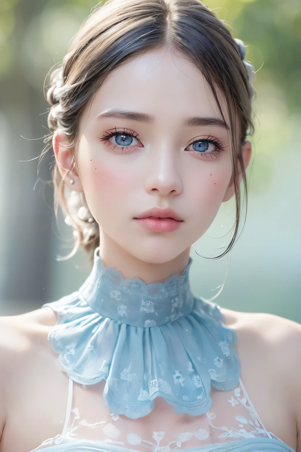 ((8k, RAW photos, top quality, masterpiece: 1.2), (realistic, photorealistic: 1.37), A beautiful face, 21-year-old girl with a perfect body. Her pupils reflect dreams and hopes, emanating a youthful confidence and strength. She wears simple and fashionable clothes, sitting in a modern city. The painting style presents a modern and realistic feel, with colors primarily in natural blue and gray. Highlights are painted in soft pink and white to bring the image to life and create vivid, realistic visuals. The details of the painting are intricately focused on her face, showcasing her flawless complexion and express