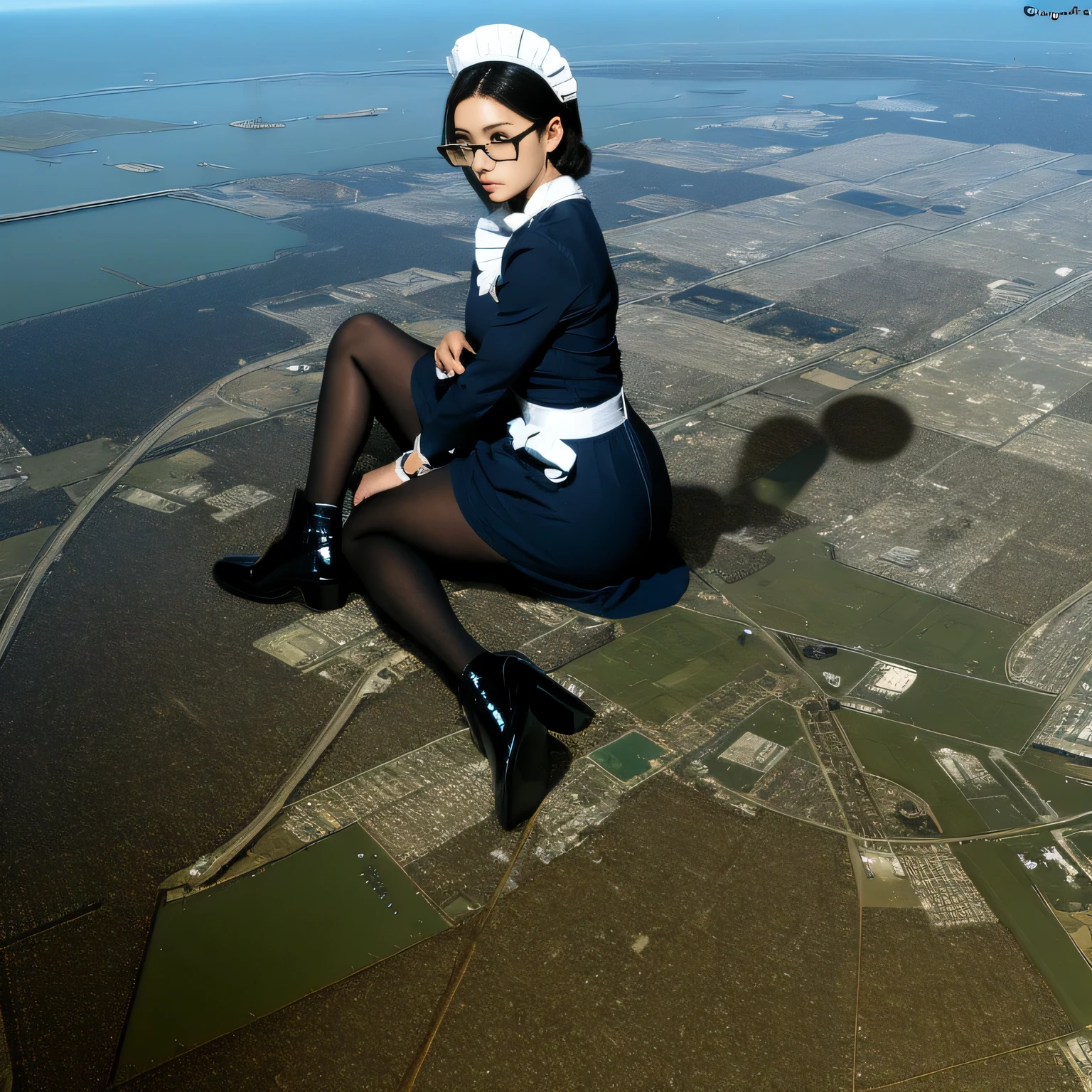 multiple girls, Giantの芸術, 非常に詳細なGiantショット, Giant, short hair, A maid that is much bigger than a skyscraper, wearing rimless glasses, big breasts, big ass, navy maid uniform, black pantyhose, black shoes, very small metropolis, miniature metropolis, crush the big city, A city engulfed in flames, full body description, GTS, ギガGiant, Stomping City, crash city, Small town, micro city, maid,
