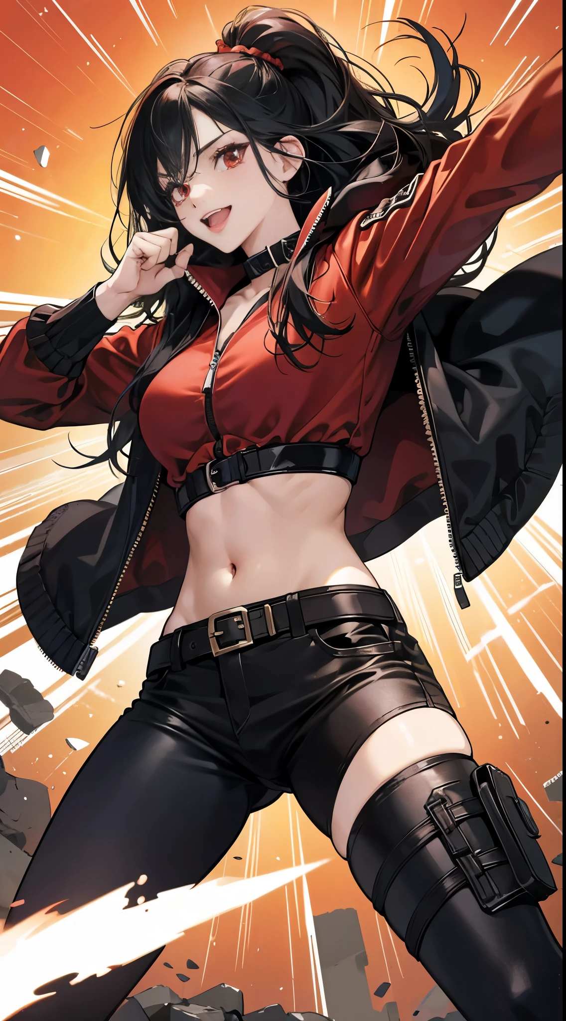 (Best Quality,4K,High resolution), girl with, Red mesh hair on black hair, Long straight hair, sharp eye,Red Eyes、eye liner、Red jacket with intricate décor、Navel Ejection、cross belt、Tight leather pants、Laugh exhilarating,Hold your fist in front of your body,comic strip,animesque、boxing、Battle Pose,Depiction like a scene from a battle manga、Deformed cute illustration、