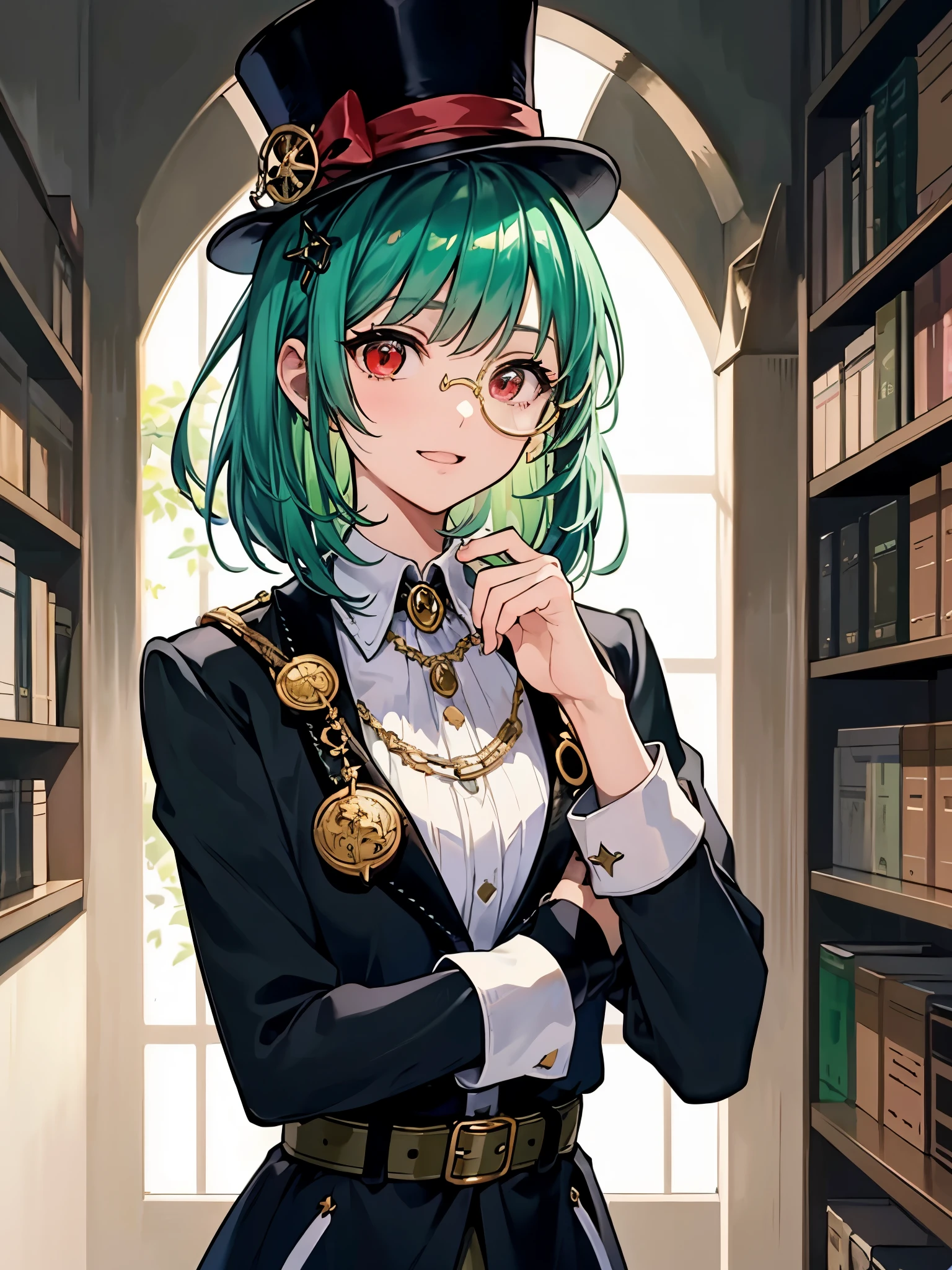 (((masterpiece、Highest image quality、highest quality、highly detailed unity 8kwallpaper)))、((Illustration of one girl、upper body))、(((beautiful girl)))、(librarian)、(Emerald green hair、messy hair、sidelocks:1.2、red eyes、crazy smile)、(((flat chest)))、(((monocle)))、pocket watch、(((Black top hat、Black tuxedo、belt)))、great medieval library、Large amount of books