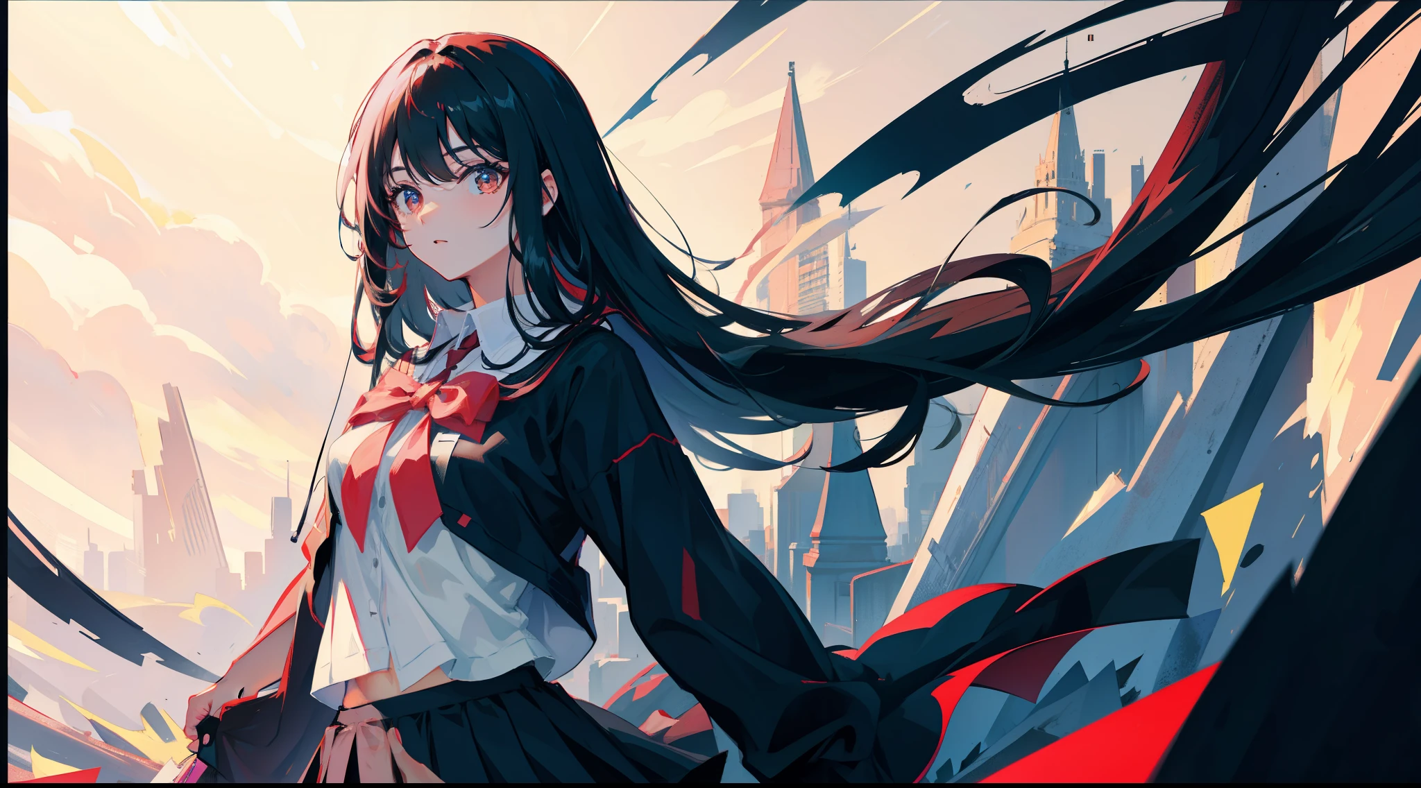Beautiful girl with long black hair wearing a black skirt and school uniform top, in an ultrasharp 8k masterpiece, making eye contact with the viewer.