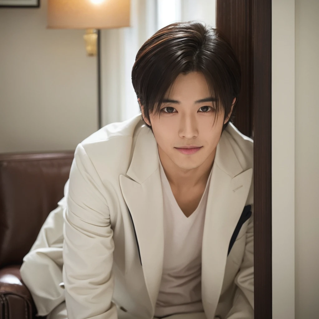 A Japanese idol in his twenties. He has a round and youthful face, exuding a childlike charm. He is Japanese and has distinct, adorable double eyelids. He possesses elegant and demure chestnut-brown hair, with bangs reaching just above his eyes, and the forehead hidden by hair, styled in straight strands. The lustrous black hair enhances his beauty even more. His deep brown eyes are striking, reflecting a sophisticated, glamorous, and intellectually refined expression. He smiles gracefully, exuding a sense of charm. The setting is in a stylish counseling room with white walls. He is seated on one side of a white desk, alone in the room. He wears a doctor's white coat, black pants, and white Converse shoes."