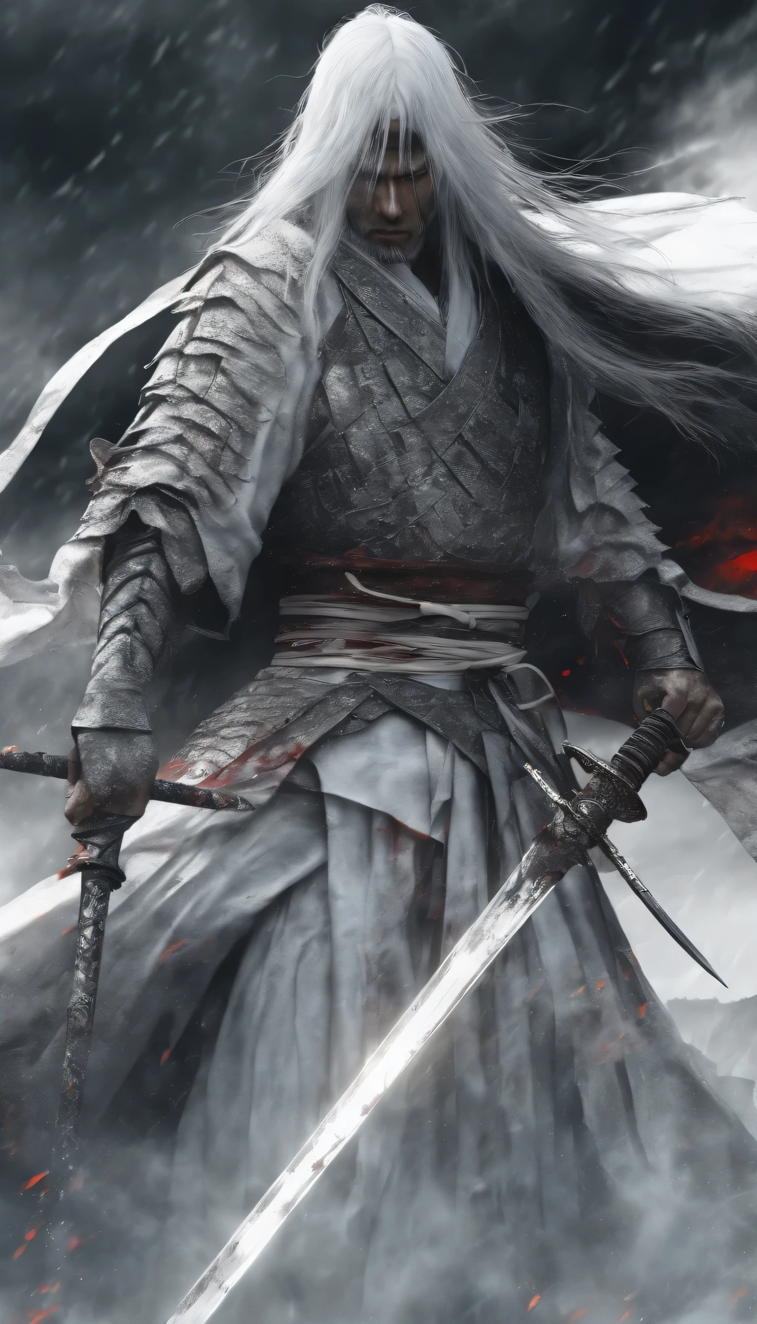 (highest quality,4K,8K,High resolution,masterpiece:1.2),Super detailed,(realistic,realistic,realistic:1.37)、Samurai of feudal Japan in the Sengoku period, two samurai facing each other,((samurai in white costume:1.5),long hair,gray hair,(White sword:2)),((wear samurai armor,black mask,Black Samurai,red glowing eyes,(black sword:2),thunderstorm,bad weather,both face each other,Fight