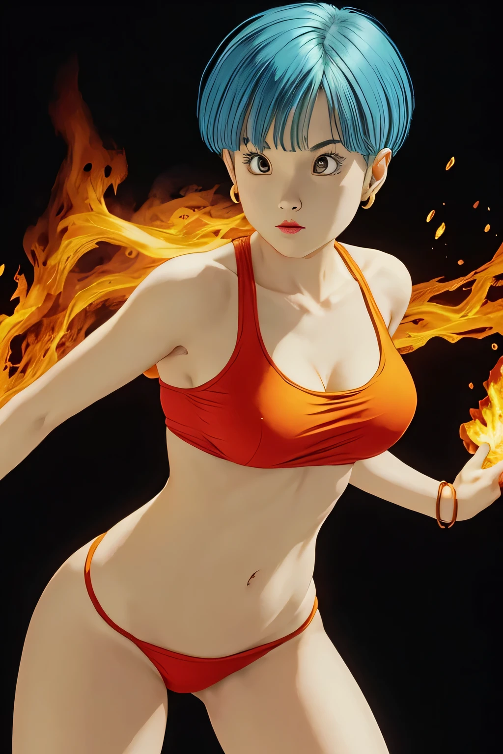 a woman in a bikini and a red bikini top is dancing, orange skin and long fiery hair, hot fire goddess, style artgerm, style of artgerm, fire goddess, concept art | artgerm, artgerm style, orange flowing hair, goddess of fire, artgerm and lois van baarle, artgerm colorful!!!