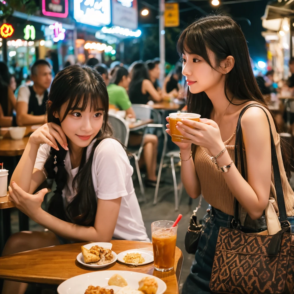 2 girls、Fukuoka、Hakata、Zhongzhou、Lined with food stalls、street vendors、nightclub、night cityscape、Neon Street、full bodyesbian、a closeup、A smile、、(8K、Raw photography、top-quality、​masterpiece:1.2)、(realisitic、フォトrealisitic:1.37)、Highly detailed eyelash drawing、(((Top image quality))),  (Perfect Anatomy), (Realistic), (Dynamic Angle), Pose Seductive,Perfect, Look、top-quality、hight resolution、Osaka、Shinsaibashi、wearing a fashionable winter jersey、street snap、Hair is short、full bodyesbian、long  skirt、age 30s、I&#39;m sitting on a chair and drinking alcohol.
