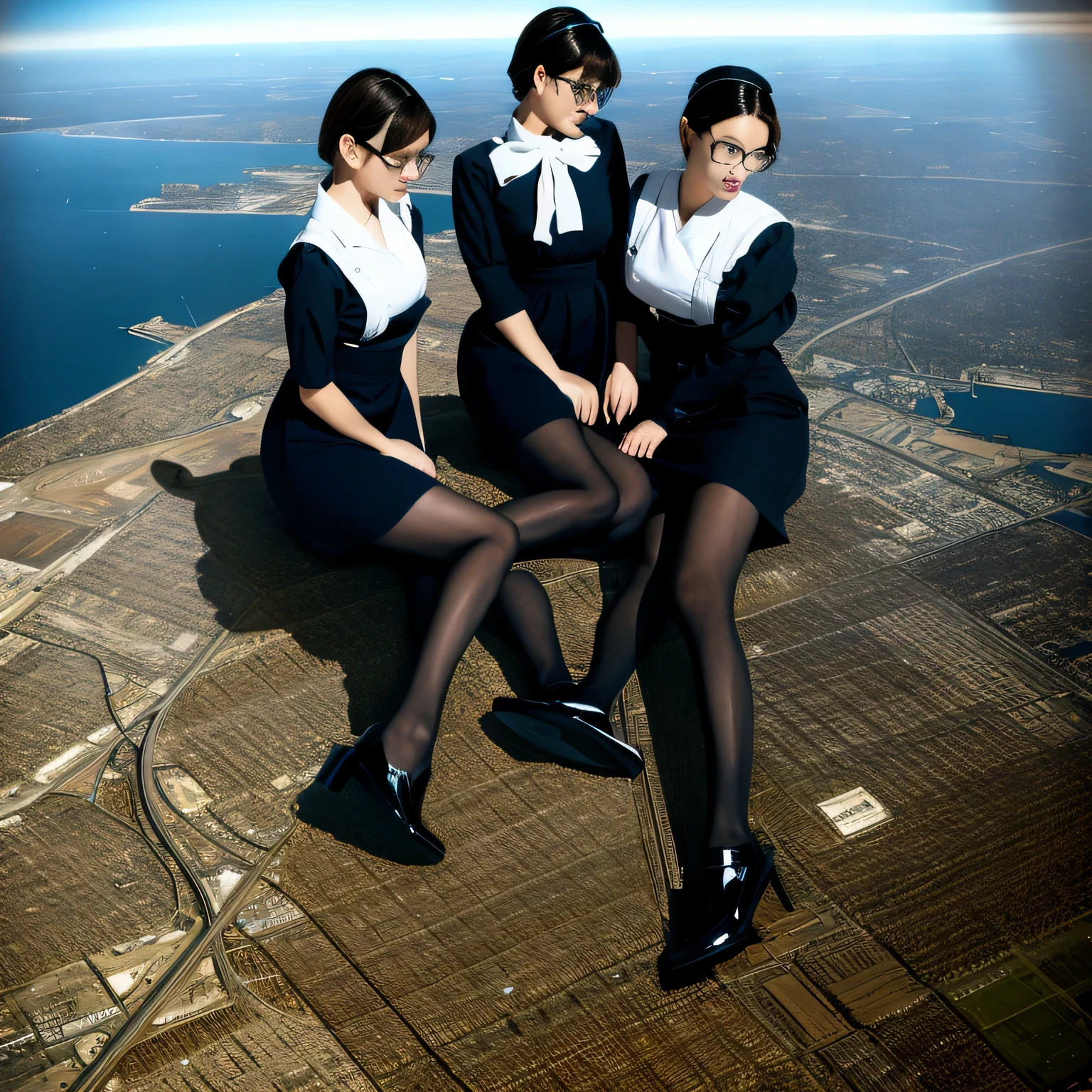 multiple girls, Giantの芸術, 非常に詳細なGiantショット, Giant, short hair, A maid that is much bigger than a skyscraper, wearing rimless glasses, big breasts, big ass, navy maid uniform, black pantyhose, black shoes, very small metropolis, miniature metropolis, crush the big city, A city engulfed in flames, full body description, GTS, ギガGiant, Stomping City, crash city, Small town, micro city, maid,