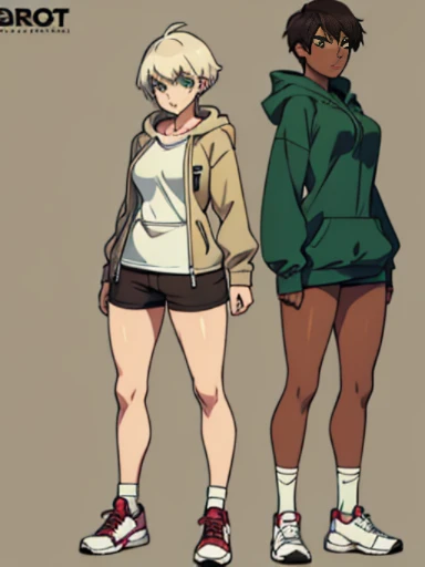 Arceus human female , Brown Skin ,big Breasts , zip hoodie, whiter short hair , shirt, Green eyes , Shorts , Full body,Shoes ,Bandage , Concept ART