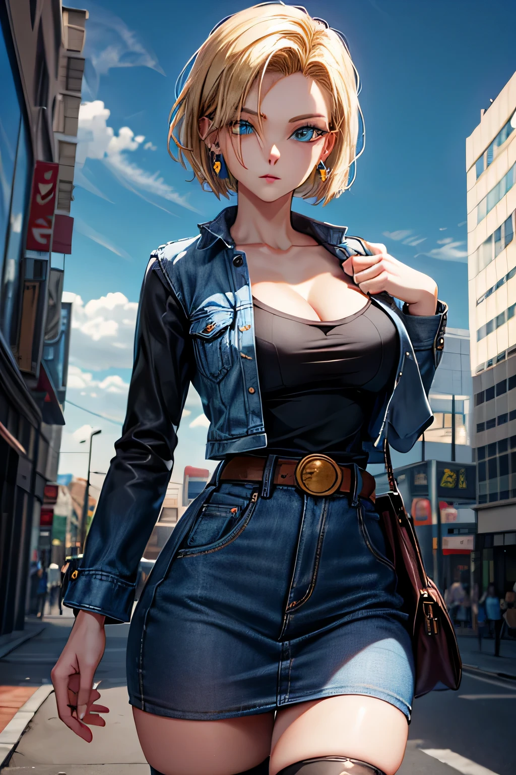 android 18, android 18, blonde hair, blue eyes, eyelash, hoop earrings, short hair, earrings, break belt, black legwear, black shirt, breast pocket, cleavage, clavicle, denim, denim skirt, high-waist skirt, jewelry, long sleeve, pocket, shirt, shirt tucked in, skirt, striped, striped sleeves, waistcoat,, break outdoors, city, null, cloud, sun, break looking at viewer, (cowboy shot:1.5), break (masterpiece:1.2), highest quality, High resolution, unity 8k wallpaper, (shape:0.8), (beautiful and detailed eyes:1.6), highly detailed face, perfect lighting, Very detailed CG, (perfect hands, perfect )