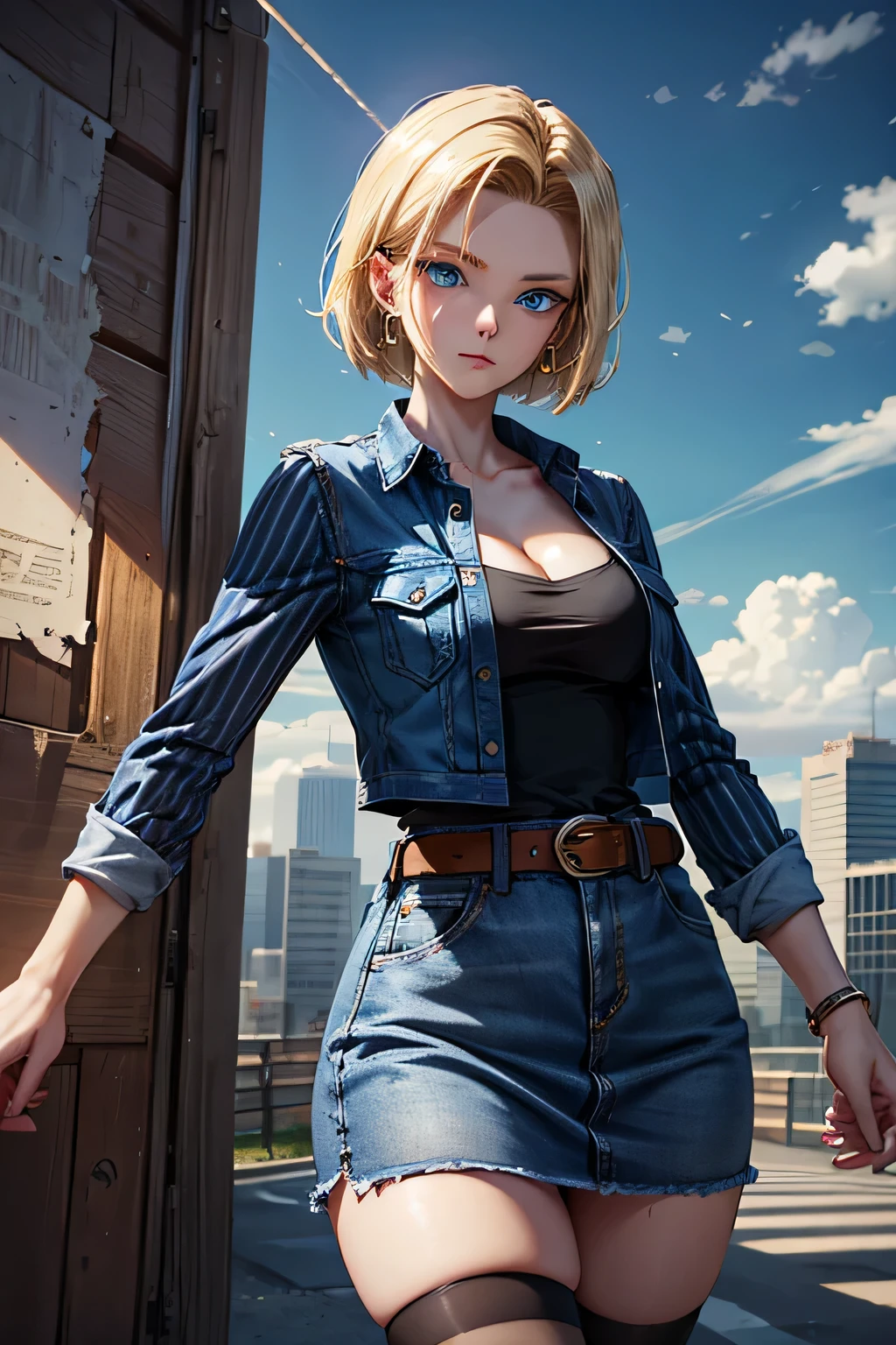 android 18, android 18, blonde hair, blue eyes, eyelash, hoop earrings, short hair, earrings, break belt, black legwear, black shirt, breast pocket, cleavage, clavicle, denim, denim skirt, high-waist skirt, jewelry, long sleeve, pocket, shirt, shirt tucked in, skirt, striped, striped sleeves, waistcoat,, break outdoors, city, null, cloud, sun, break looking at viewer, (cowboy shot:1.5), break (masterpiece:1.2), highest quality, High resolution, unity 8k wallpaper, (shape:0.8), (beautiful and detailed eyes:1.6), highly detailed face, perfect lighting, Very detailed CG, (perfect hands, perfect anatomy)