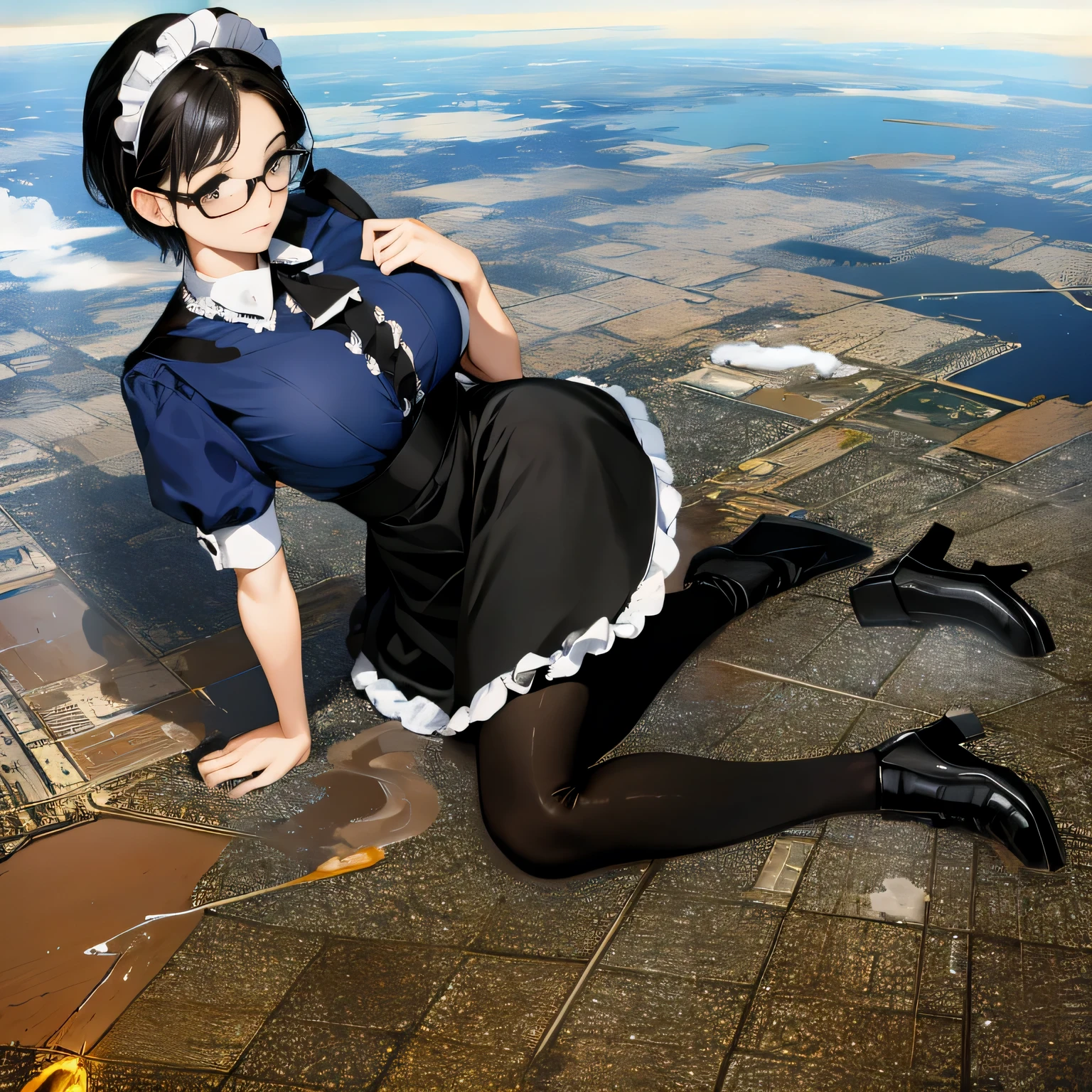 multiple girls, Giantの芸術, 非常に詳細なGiantショット, Giant, short hair, A maid that is much bigger than a skyscraper, wearing rimless glasses, big breasts, big ass, navy maid uniform, black pantyhose, black shoes, very small metropolis, miniature metropolis, crush the big city, A city engulfed in flames, full body description, GTS, ギガGiant, Stomping City, crash city, Small town, micro city, maid,