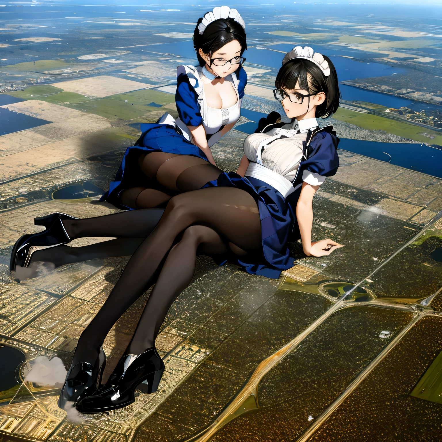 multiple girls, Giantの芸術, 非常に詳細なGiantショット, Giant, short hair, A maid that is much bigger than a skyscraper, wearing rimless glasses, big breasts, big ass, navy maid uniform, black pantyhose, black shoes, very small metropolis, miniature metropolis, crush the big city, A city engulfed in flames, full body description, GTS, ギガGiant, Stomping City, crash city, Small town, micro city, maid,