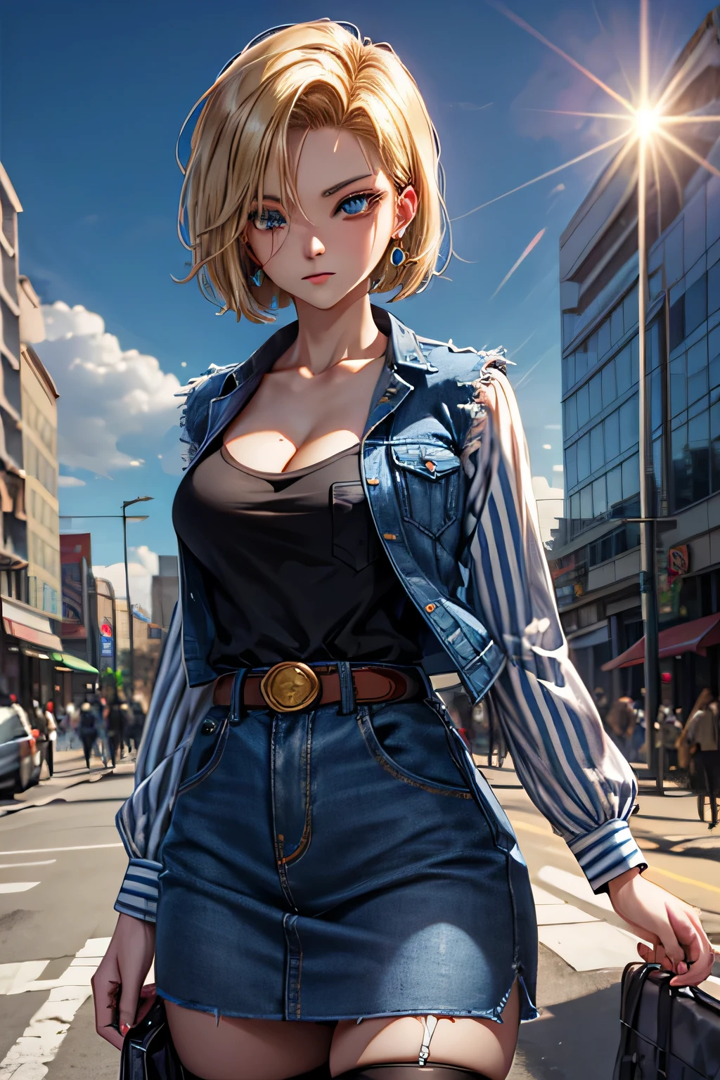 android 18, android 18, blonde hair, blue eyes, eyelash, hoop earrings, short hair, earrings, break belt, black legwear, black shirt, breast pocket, cleavage, clavicle, denim, denim skirt, high-waist skirt, jewelry, long sleeve, pocket, shirt, shirt tucked in, skirt, striped, striped sleeves, waistcoat,, break outdoors, city, null, cloud, sun, break looking at viewer, (cowboy shot:1.5), break (masterpiece:1.2), highest quality, High resolution, unity 8k wallpaper, (shape:0.8), (beautiful and detailed eyes:1.6), highly detailed face, perfect lighting, Very detailed CG, (perfect hands, perfect anatomy)