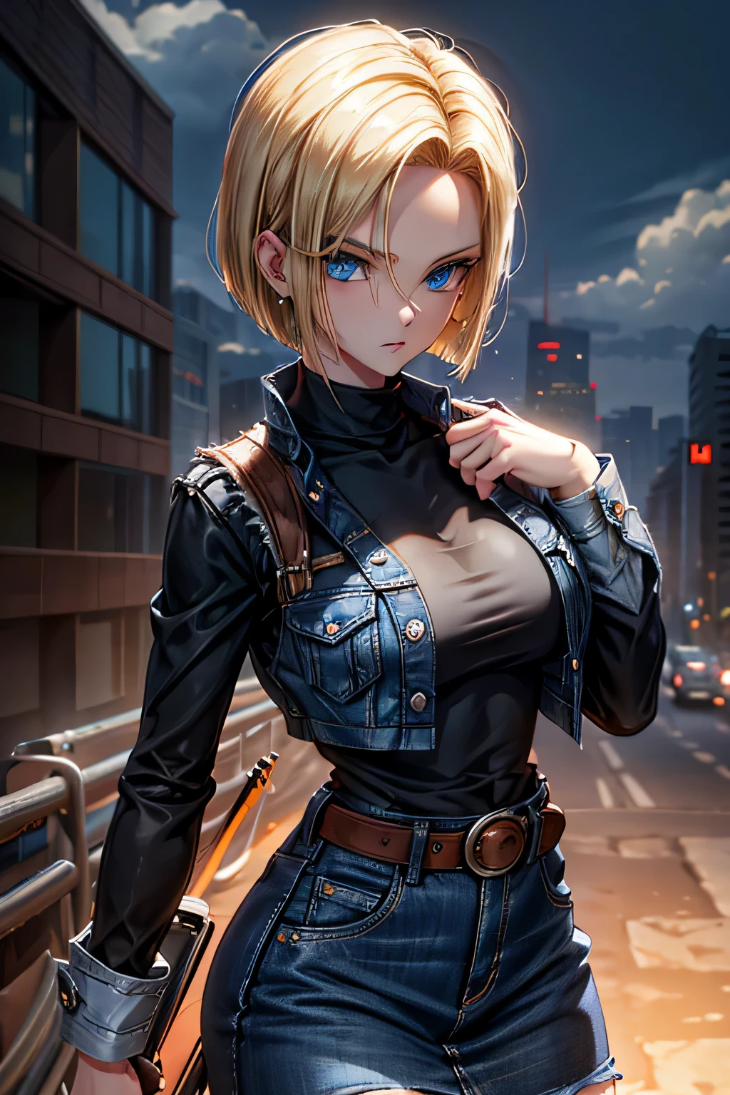 android 18, android 18, blonde hair, blue eyes, eyelash, hoop earrings, short hair, earrings, break belt, black legwear, black shirt, breast pocket, cleavage, clavicle, denim, denim skirt, high-waist skirt, jewelry, long sleeve, pocket, shirt, shirt tucked in, skirt, striped, striped sleeves, waistcoat,, break outdoors, city, null, cloud, sun, break looking at viewer, (cowboy shot:1.5), break (masterpiece:1.2), highest quality, High resolution, unity 8k wallpaper, (shape:0.8), (beautiful and detailed eyes:1.6), highly detailed face, perfect lighting, Very detailed CG, (perfect hands, perfect anatomy)