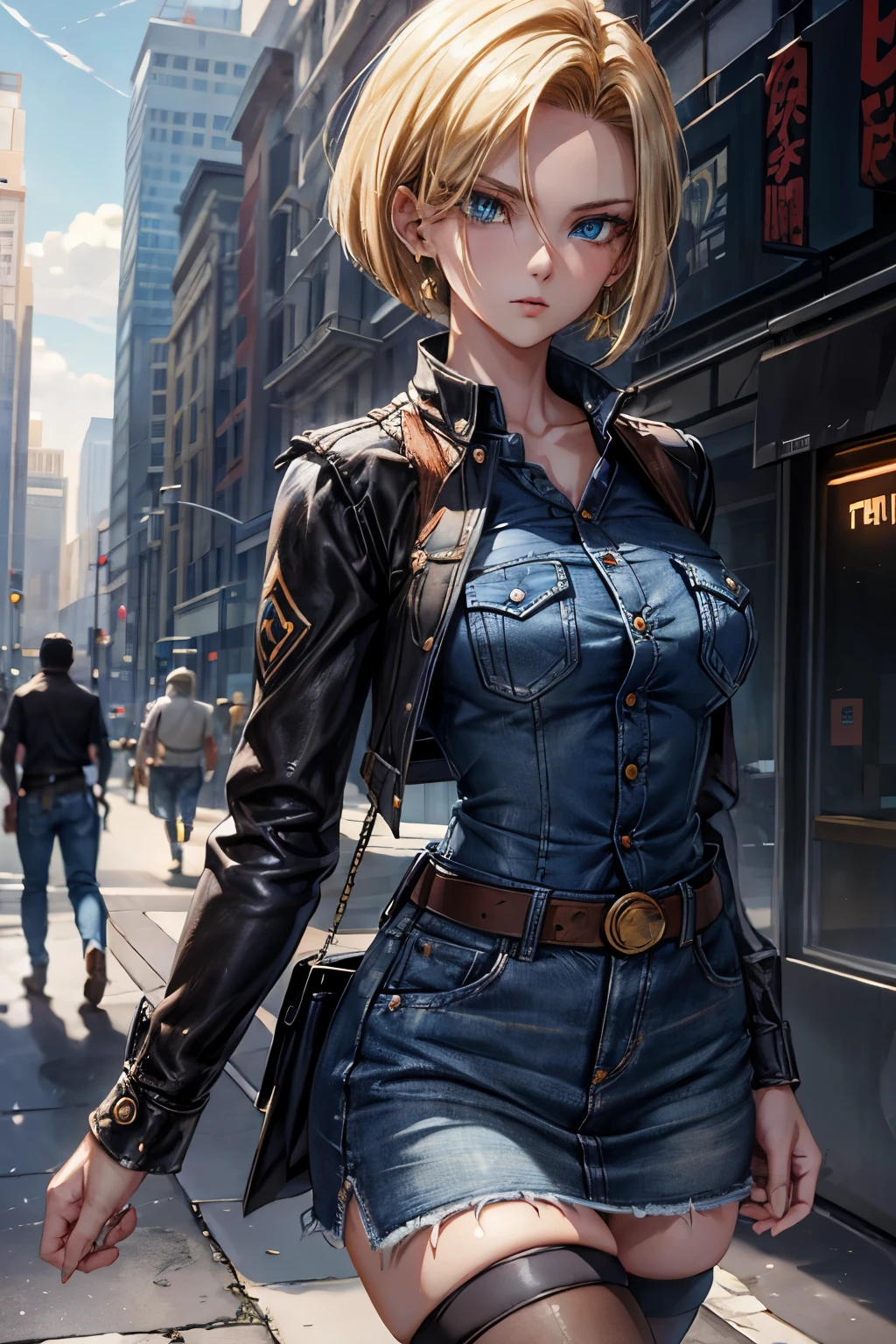 android 18, android 18, blonde hair, blue eyes, eyelash, hoop earrings, short hair, earrings, break belt, black legwear, black shirt, breast pocket, cleavage, clavicle, denim, denim skirt, high-waist skirt, jewelry, long sleeve, pocket, shirt, shirt tucked in, skirt, striped, striped sleeves, waistcoat,, break outdoors, city, null, cloud, sun, break looking at viewer, (cowboy shot:1.5), break (masterpiece:1.2), highest quality, High resolution, unity 8k wallpaper, (shape:0.8), (beautiful and detailed eyes:1.6), highly detailed face, perfect lighting, Very detailed CG, (perfect hands, perfect anatomy)