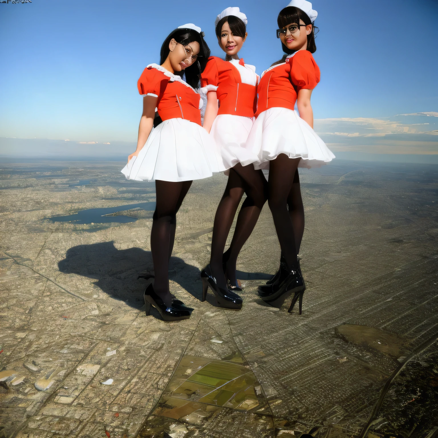 multiple girls, Giantの芸術, 非常に詳細なGiantショット, Giant, short hair, A maid that is much bigger than a skyscraper, wearing rimless glasses, big breasts, big ass, navy maid uniform, black pantyhose, black shoes, very small metropolis, miniature metropolis, crush the big city, A city engulfed in flames, full body description, GTS, ギガGiant, Stomping City, crash city, Small town, micro city, maid,