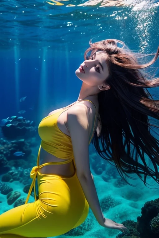 A cute and beautiful Japanese woman in her late twenties with semi-long hair and a voluptuous figure is diving underwater. She is facing the camera with a beaming smile, looking very stylish in a micro bikini. There are many beautiful tropical fish swimming around her.
