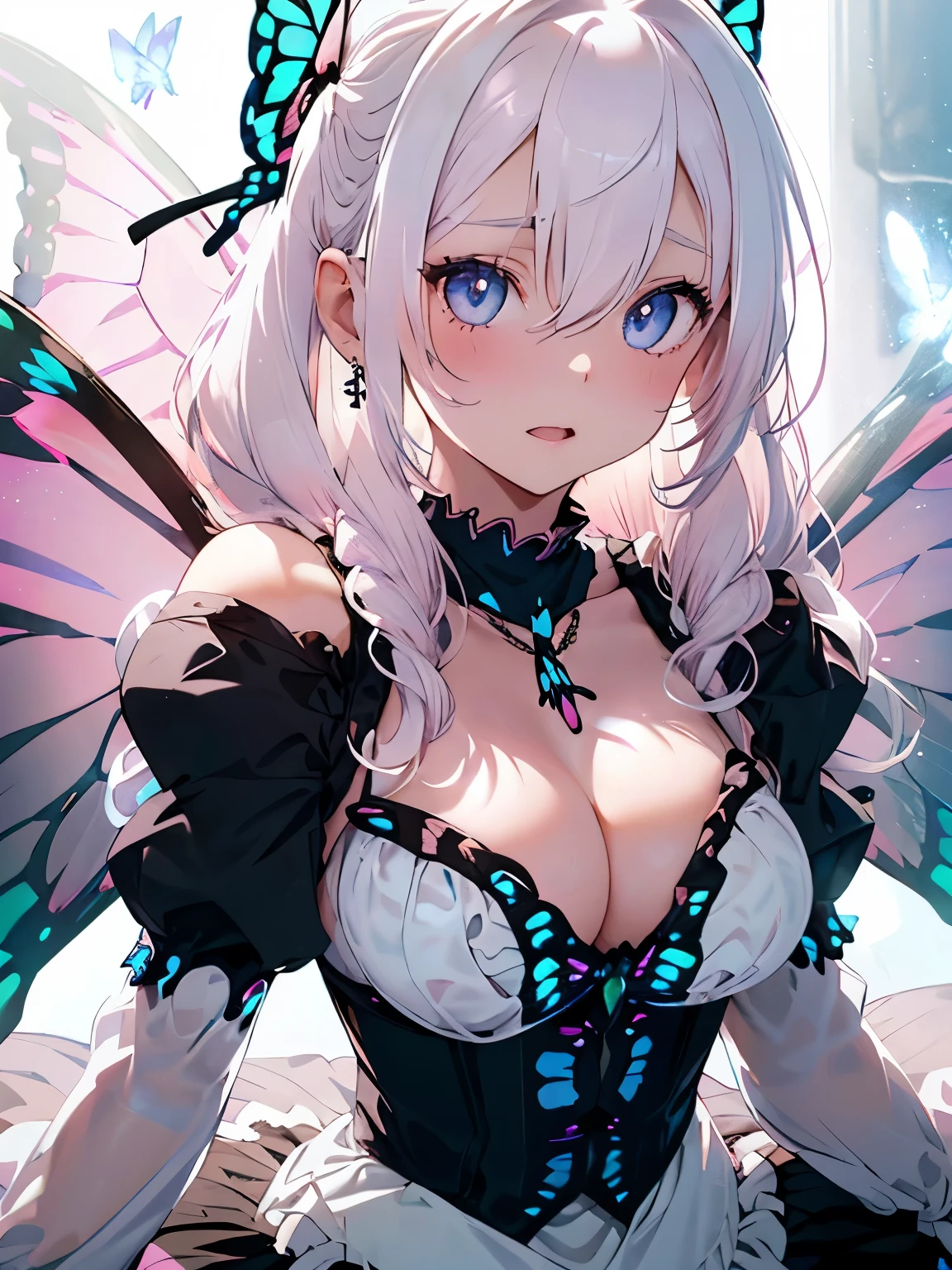 (character//1 girl,((slightly pink white hair:1.2)),(With bangs),(long hair),(Hair with only the tips curled:1.3),BREAK ((blue eyes)),(The inside of your eyes is so clear and beautiful),((small breasts:1.3)),(cleavage:1.3),(slight blush),(open mouth smile),BREAK (fashion//Overall Gothic  style black, white and purple outfit.,(Voluminous skirt with slits and ruffles:1.2),Off-the-shoulder long sleeves,(chain necklace and jewelry),The cuffs of the sleeves are soft),((Transparent butterfly wings on the back)),BREAK (background//A fantasy space where butterflies fly around),(close up of face:1.25),(Beautiful with diffused reflection of light:1.3)