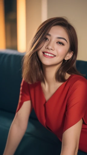 ((Night view, realistic light, best quality, 8k, masterpiece: 1.3)), 1girl, pretty woman with slim figure: (brown hair: 1.3), red dress cut out outside alley,full body, super detailed face, detailed eyes, double eyelids, very realistic , Lens 1.4, chill on couch, open shirt, smiles , long legs, bokeh
