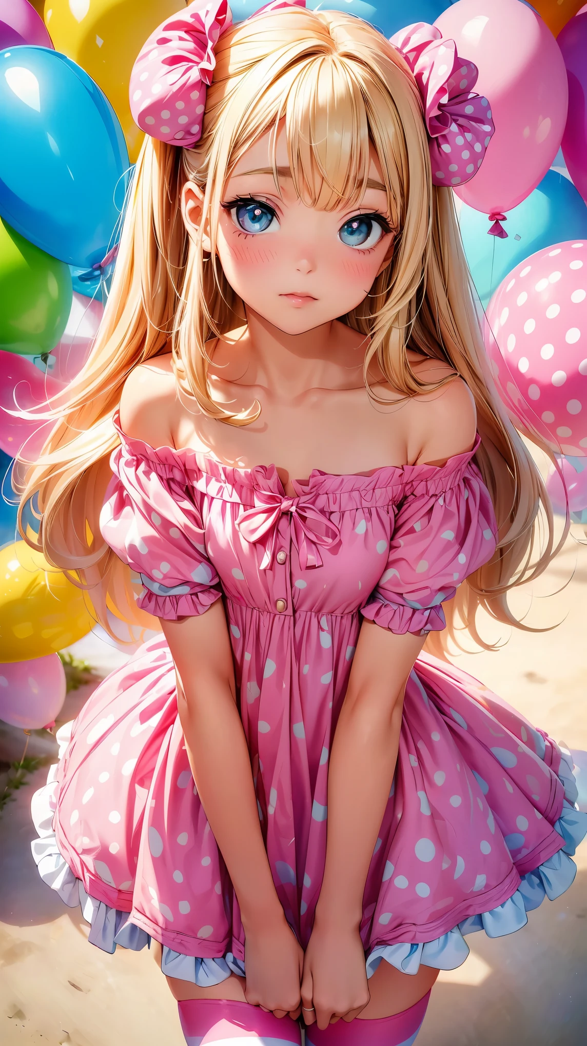 (8K, RAW photo, highest quality, masterpiece:1.2), High-definition RAW color photo, Professional photography, cinematic light, (((young woman)), (Big eyes), (small face), (high detail skin:1.2), cute face, beautiful appearance, pop art、pretty girl、フリルのドレスを着たpretty girl、colorful、Large、Comic-Style Eye、Bright colors、pastel colour、playful expression、detailed clothing, off shoulder, pinup style、puff sleeves、Polka Dot Dress、Retro hairstyles, blush、pouting pose、Excited pose、bubblegum pink background, A large number of balloons fill the background, Striped stockings、incandescent light、shine、pop art スタイル, Whimsical、interesting、cheerful style、